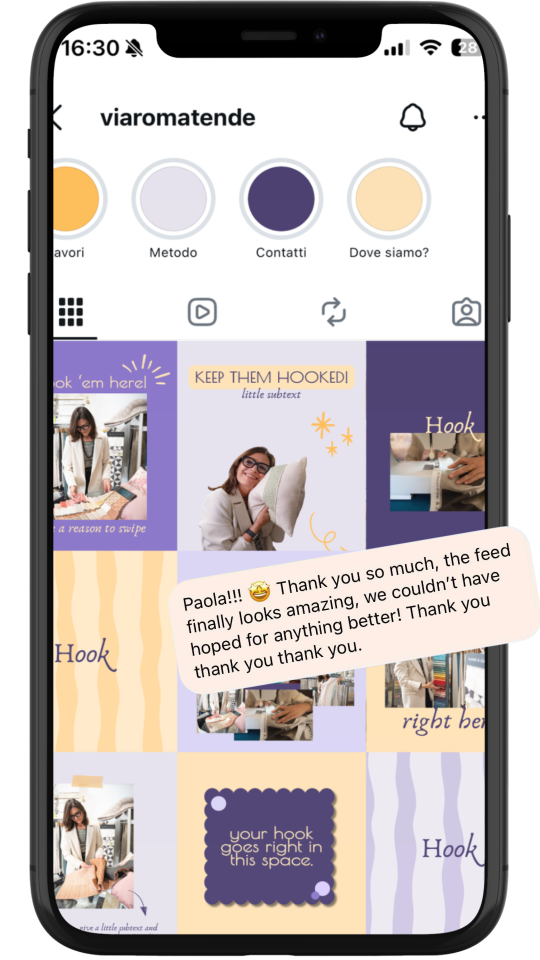 A smartphone screen displaying an Instagram feed and a message from a customer thanking someone named Paola for the templates.