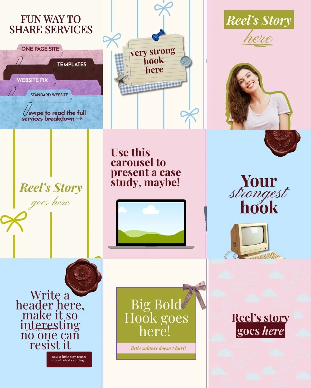 Collage of colorful digital scrapbook pages with text and images, including sections for sharing services, storytelling, hooks, and headlines.
