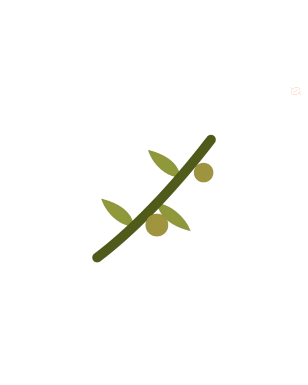 Illustration of a green olive branch with small leaves and olives against a white background.