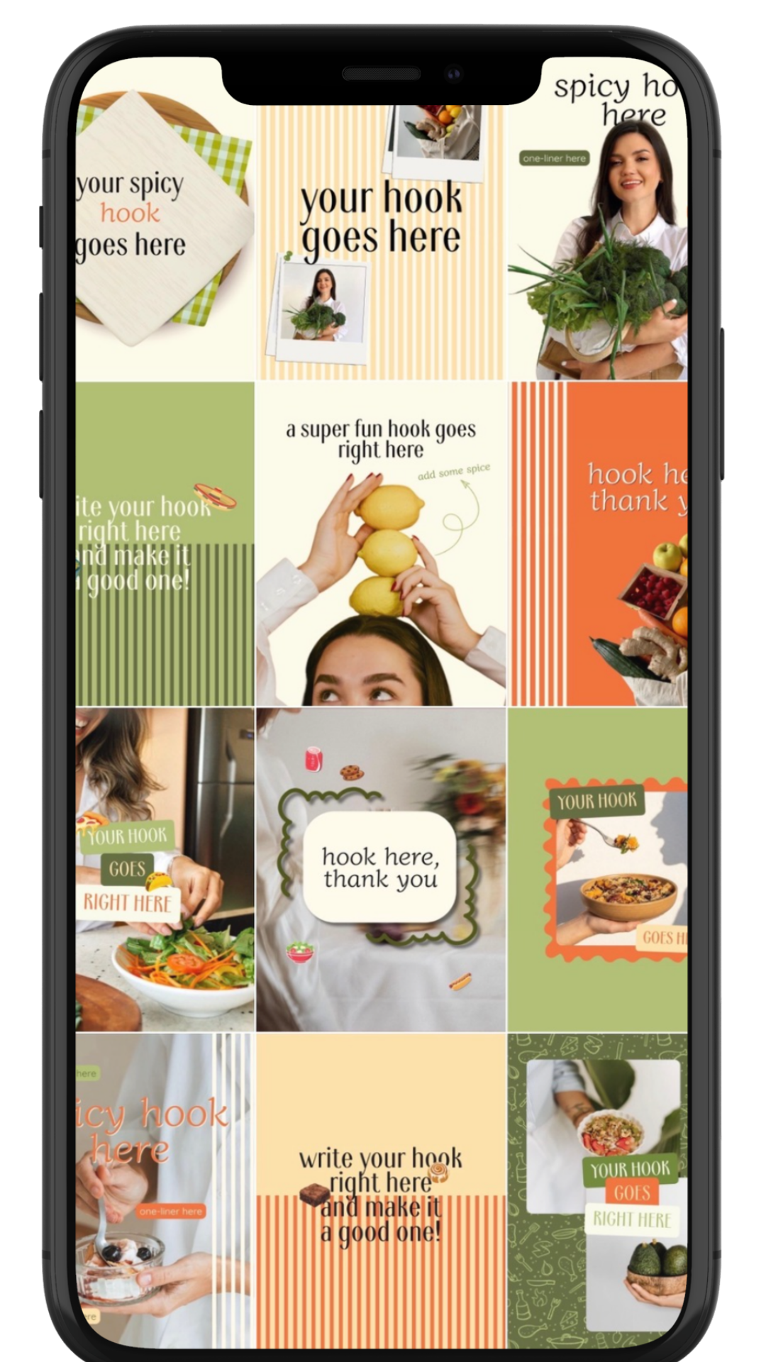 preview instagram feed/grid of colorful photos and text templates with people preparing food, holding vegetables, and writing notes, with a focus on creating hooks and captions for social media posts.