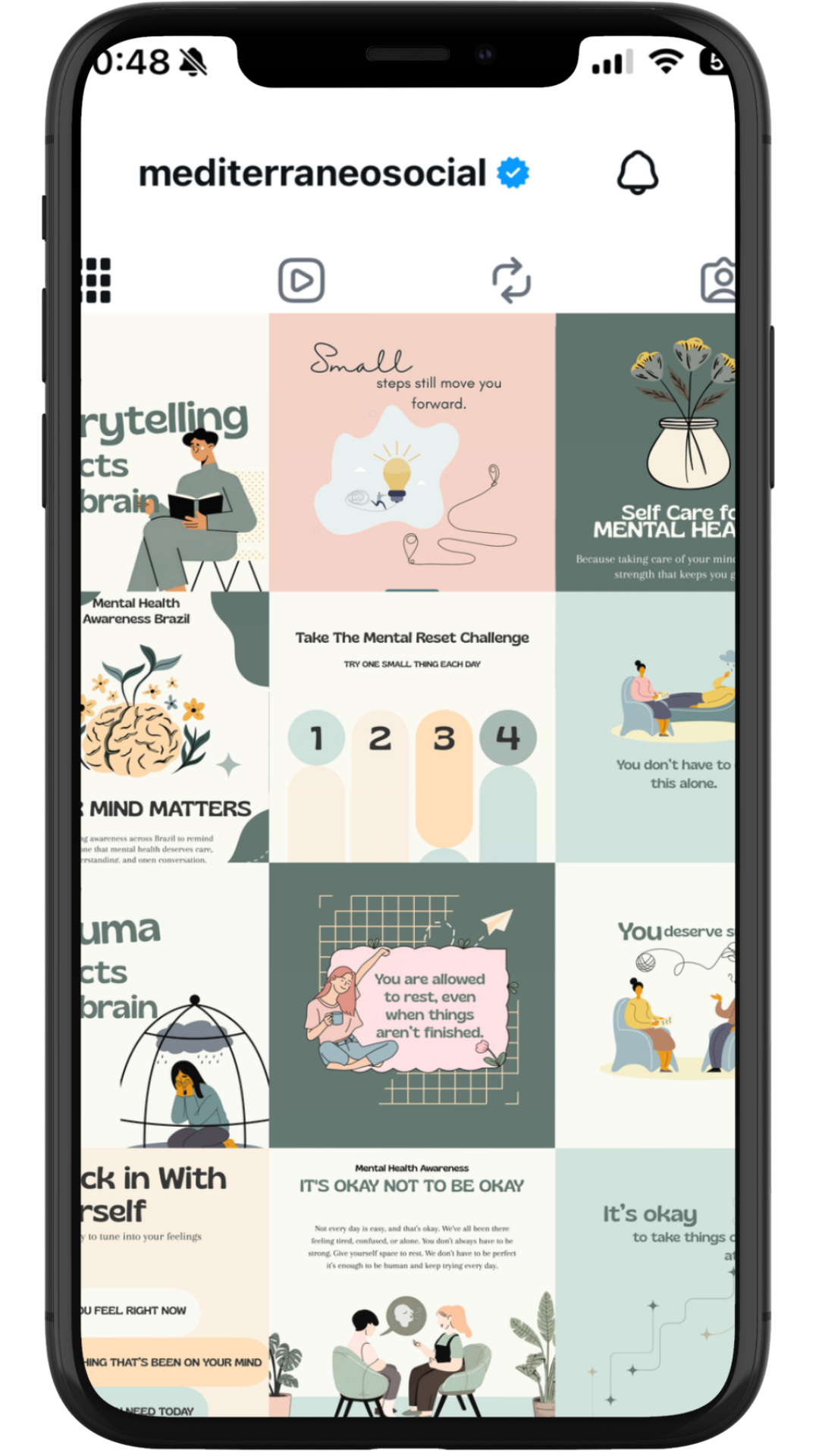 Instagram profile page of a psychologist with mental health and self-care graphics and tips displayed on a smartphone screen.