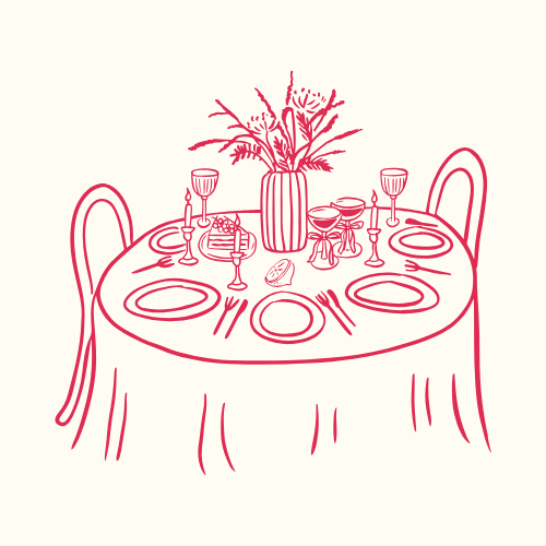Illustration of a round dining table with five chairs, decorated with a vase of flowers, wine glasses, plates, cutlery, and a small cake.