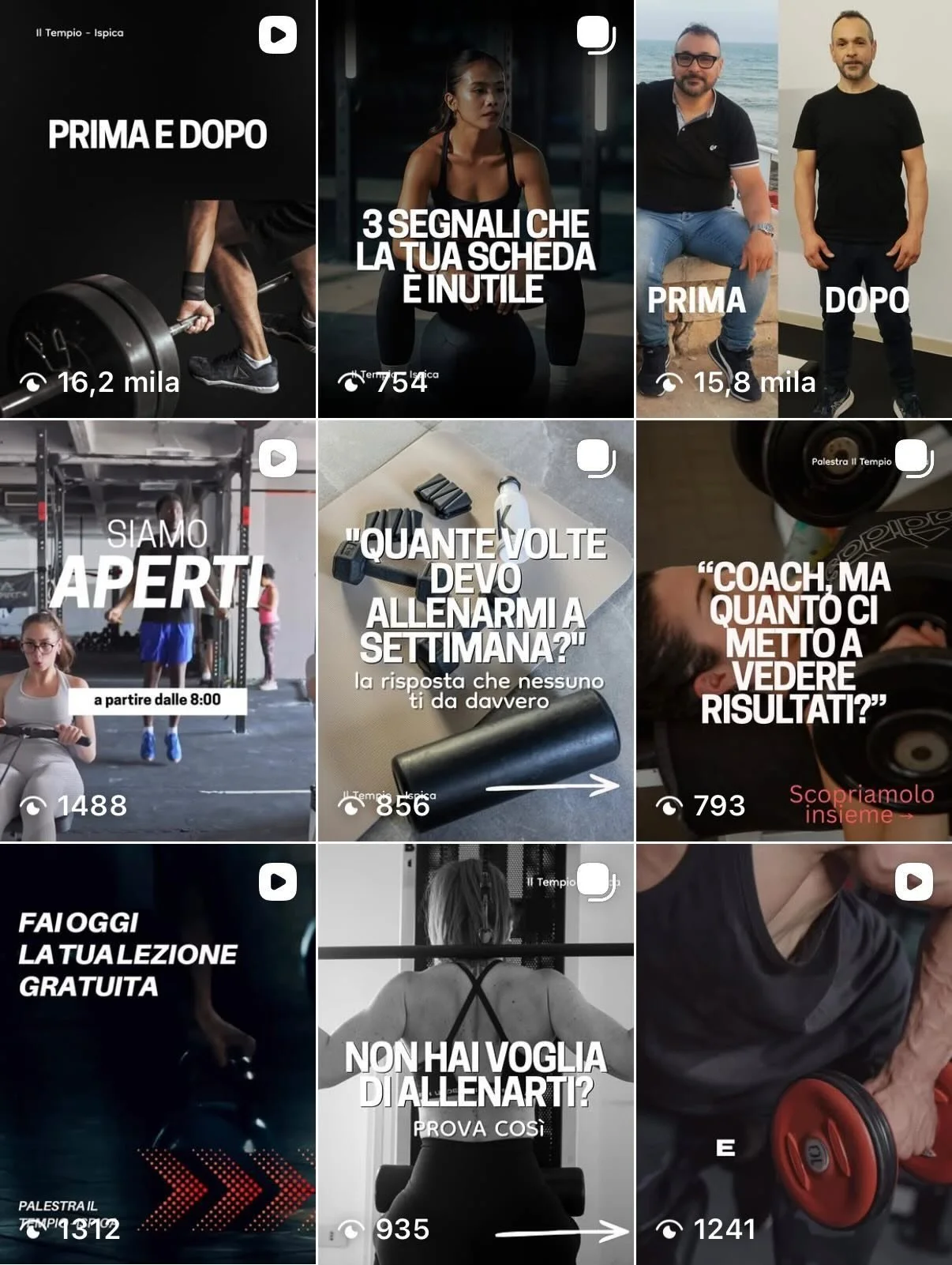 Instagram feed preview for a gym — dark, bold video content and strong typographic hooks designed for a consistent no-fills fitness brand