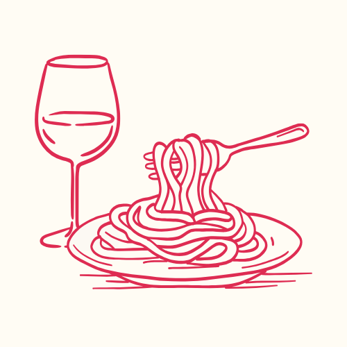 Line drawing of a glass of white wine and a plate of spaghetti with a fork.