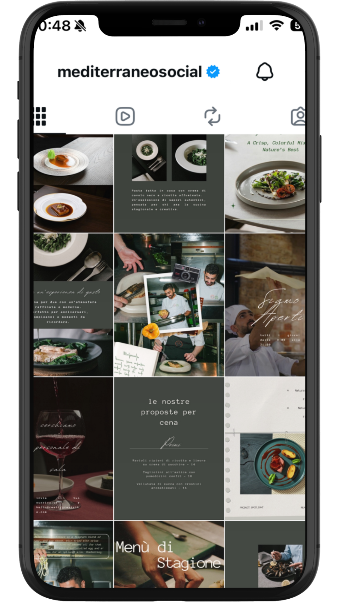 Screenshop of the Italian restaurant Instagram profile page, showing photos of dishes, chefs, and menu items.