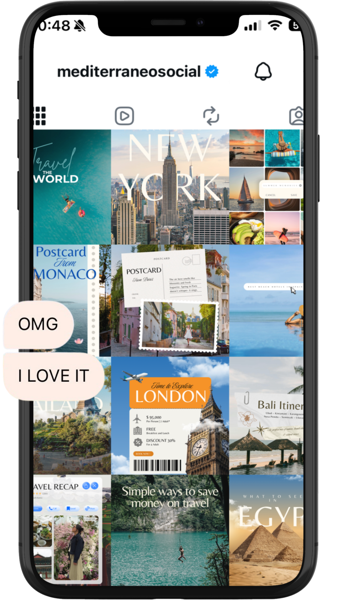 instagram feed of a travel agency showing travel photos, postcards, and travel destinations like London, Egypt, New York, and Bali with user comments like "OMG" and "I love it."