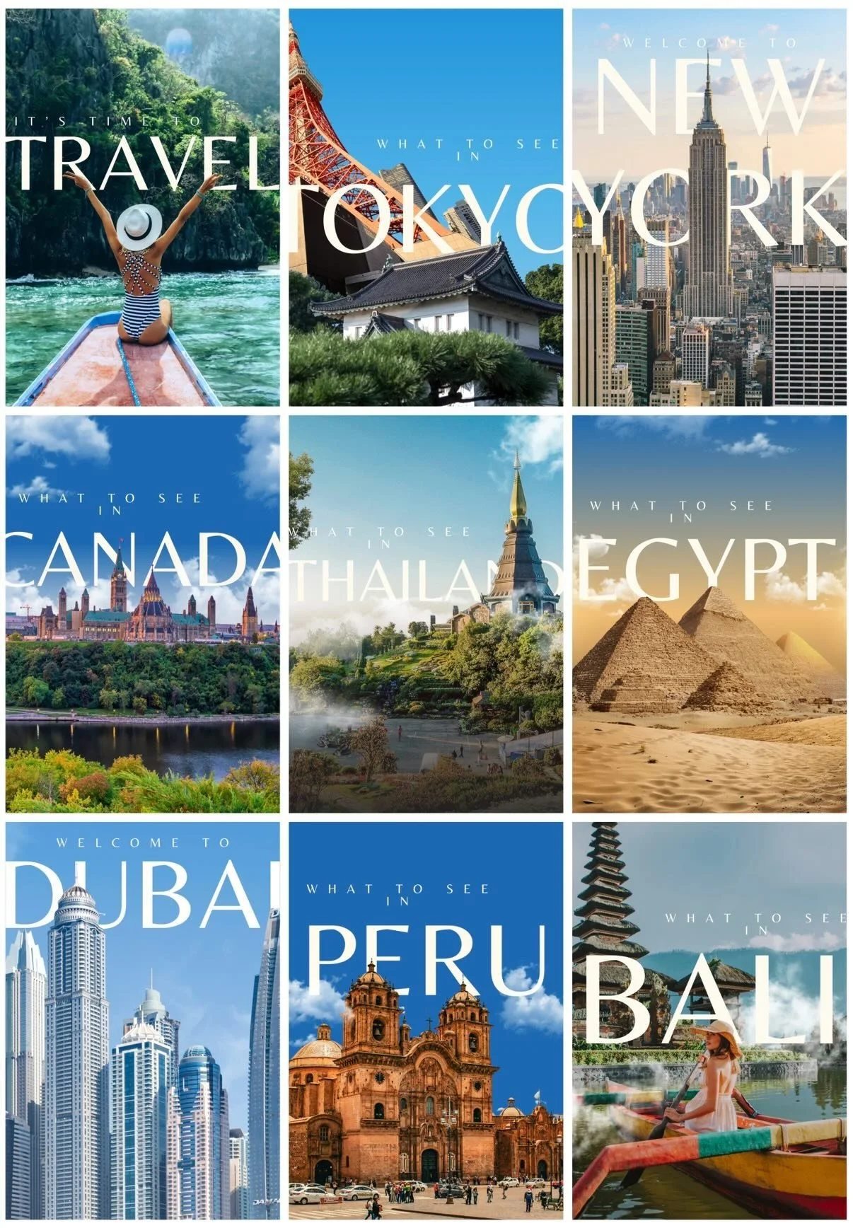 Instagram feed preview for a travel agency — bold full-bleed destination photography with editorial typography across Tokyo, New York, Dubai, Bali and more
