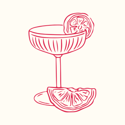 Line drawing of a cocktail glass with lemon slices on the rim and at the base.