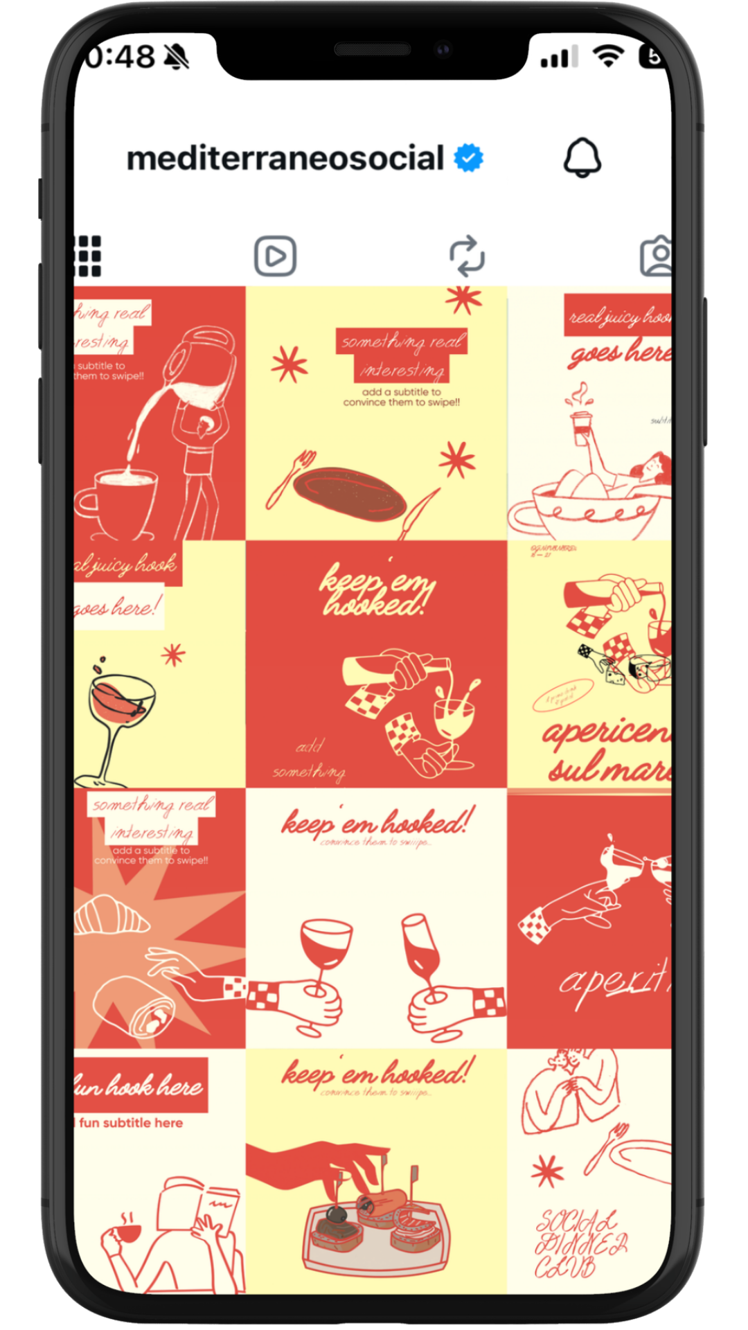 A screenshot of an Instagram profile page for a retro cafe, with artwork and text about social gatherings, food, drinks, and social activities. The images include illustrations of coffee, wine, food, a social club, and people drinking and dining.
