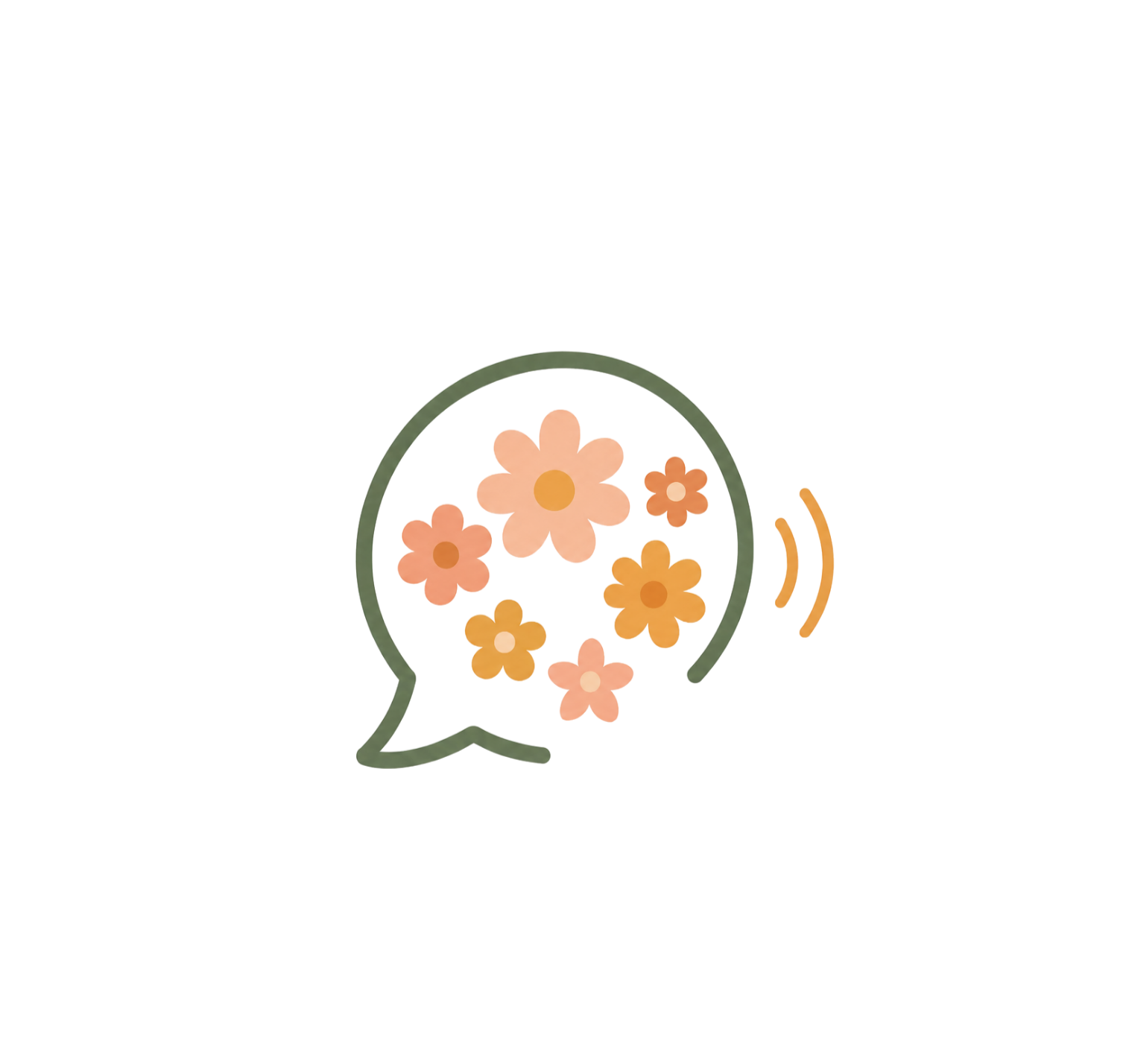 Symbol einer Sprechblase mit Schallwellen außen. Im Inneren der Sprechblase sind verschiedene Blumen. Diese beschreiben die verschiedenen Leistungen, die in der Praxis angeboten werden.