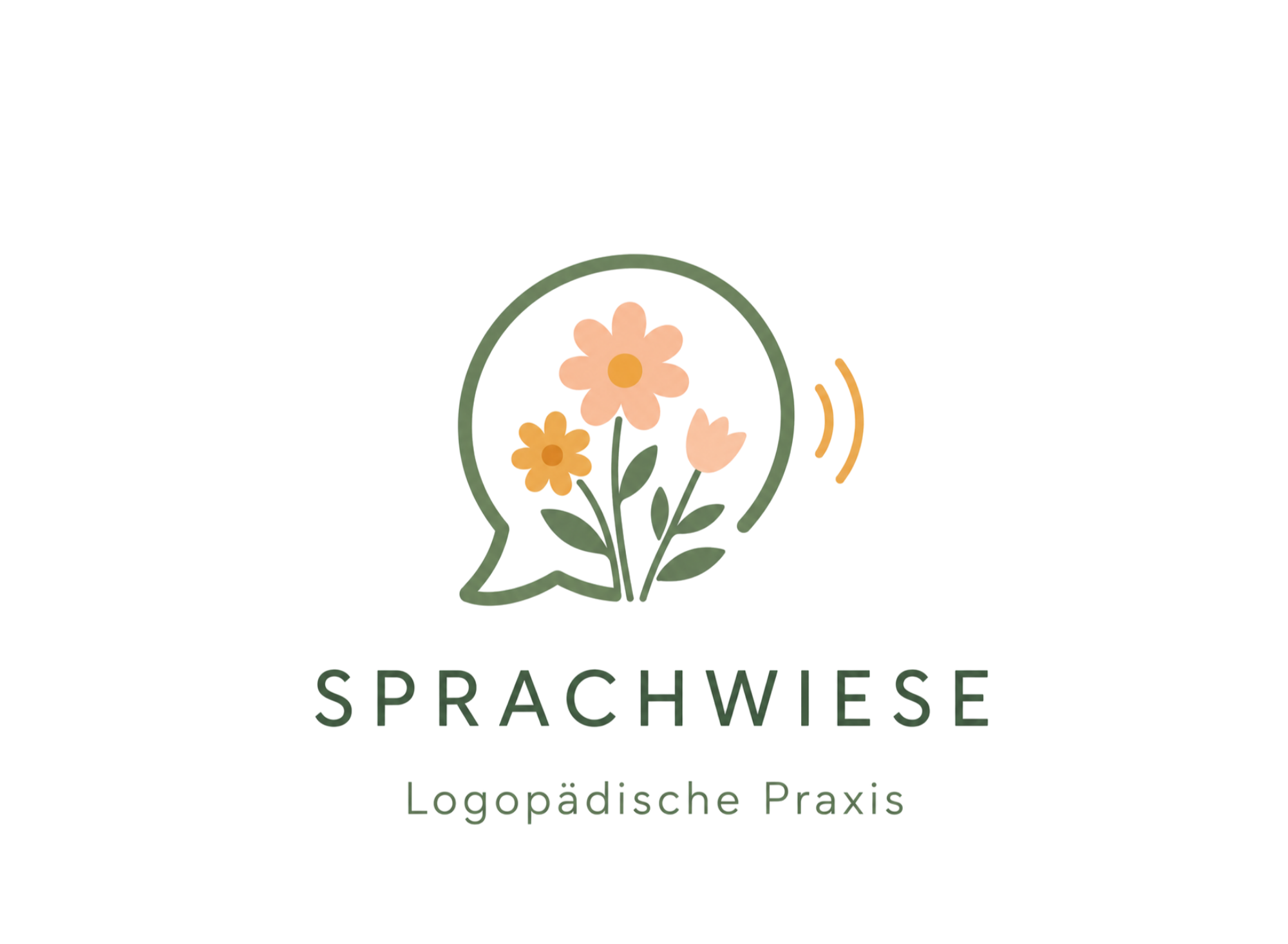 Logo mit stilisiertem Kopf einer Pflanze mit Blumen, umgeben von einem Kreis, mit dem Text "Sprachwiese" und klein geschrieben "logopädische Praxis" darunter.