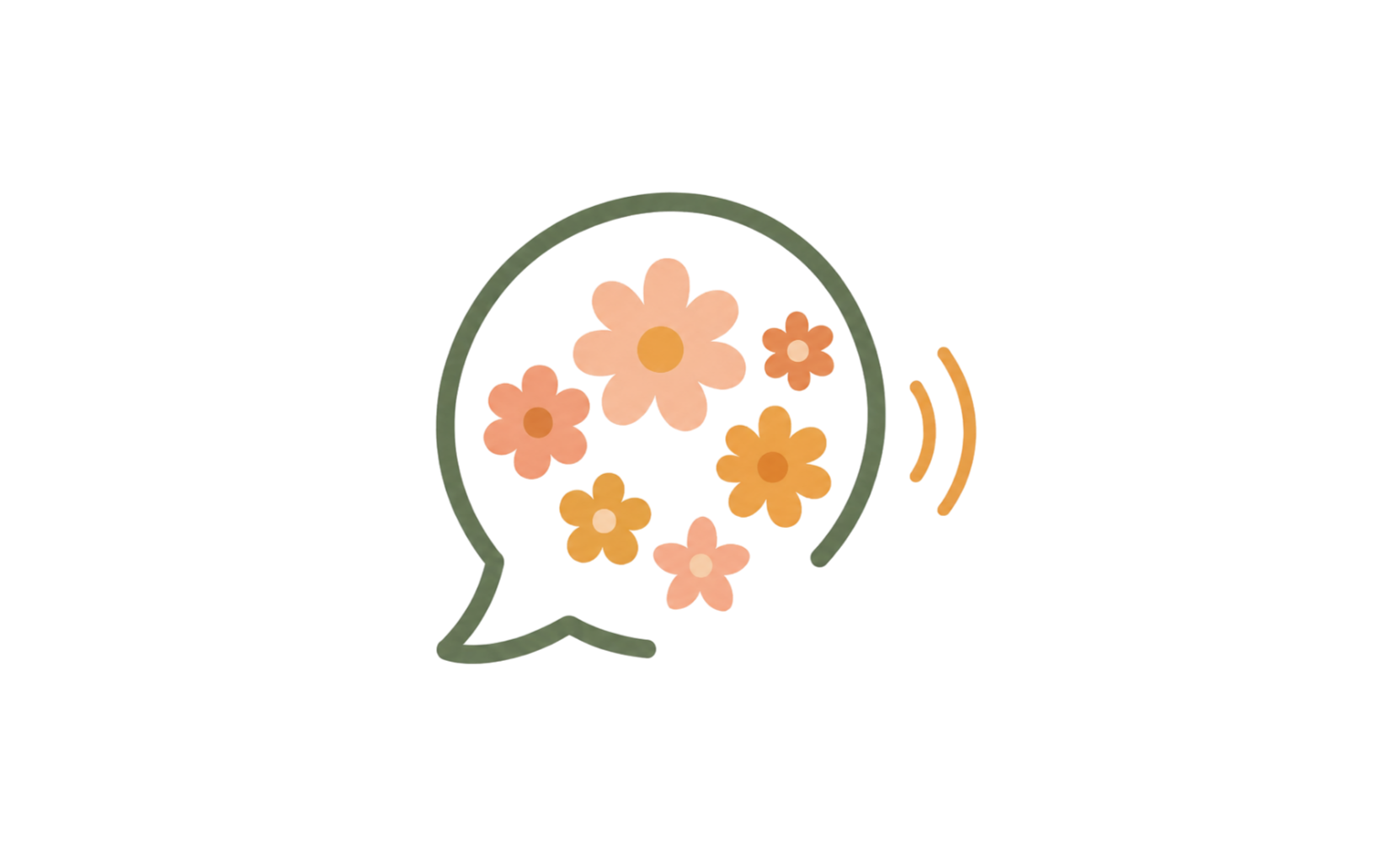 Grafik einer Sprechblase, in der Blumen abgebildet sind.