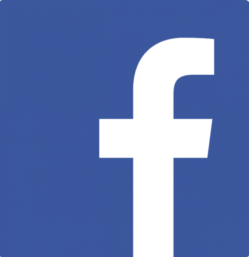Large white Facebook logo on a blue background.