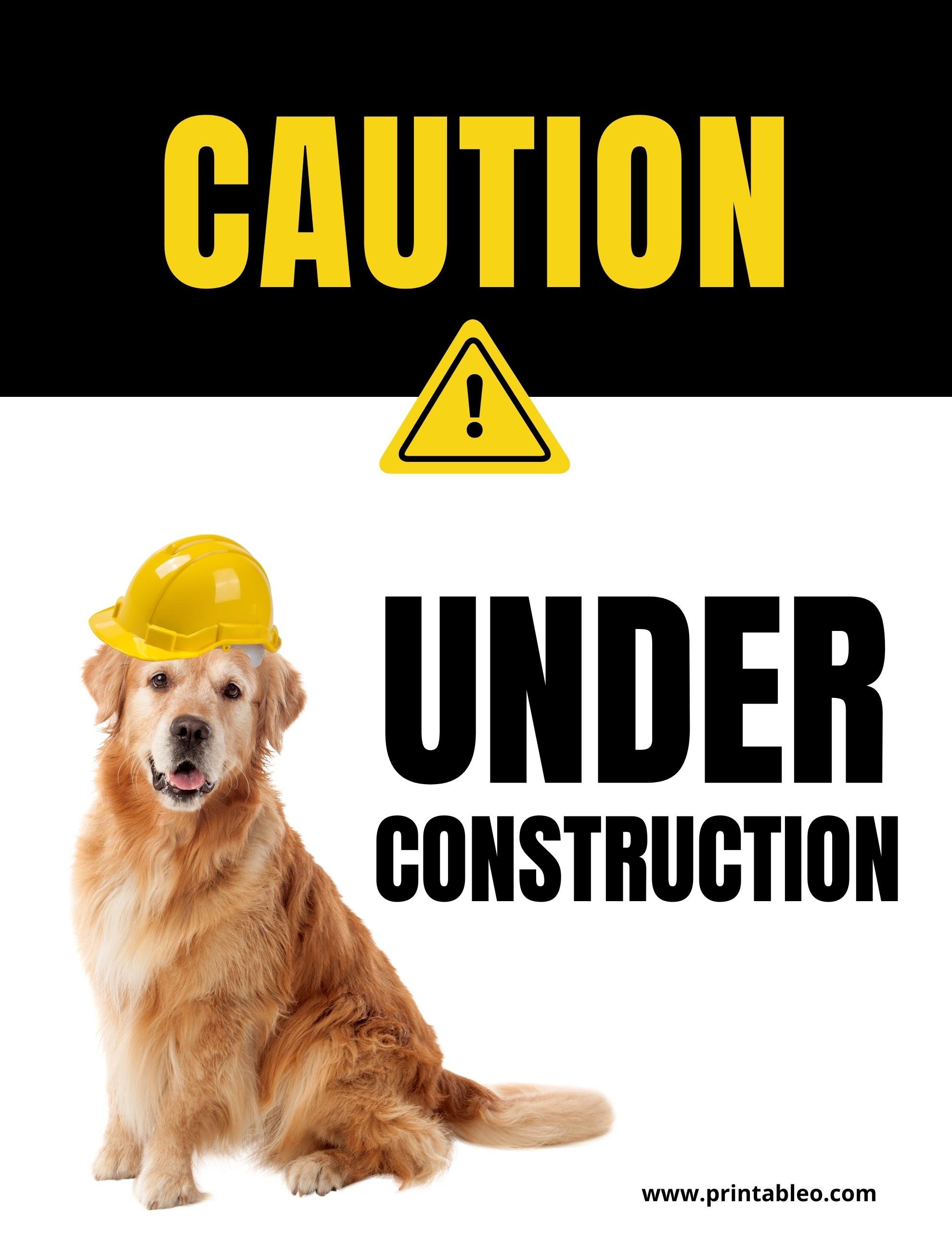 Yellow Labrador retriever dog wearing a yellow construction helmet sitting against a white background with black and yellow caution signs and text saying 'Under Construction' and the website www.printableo.com