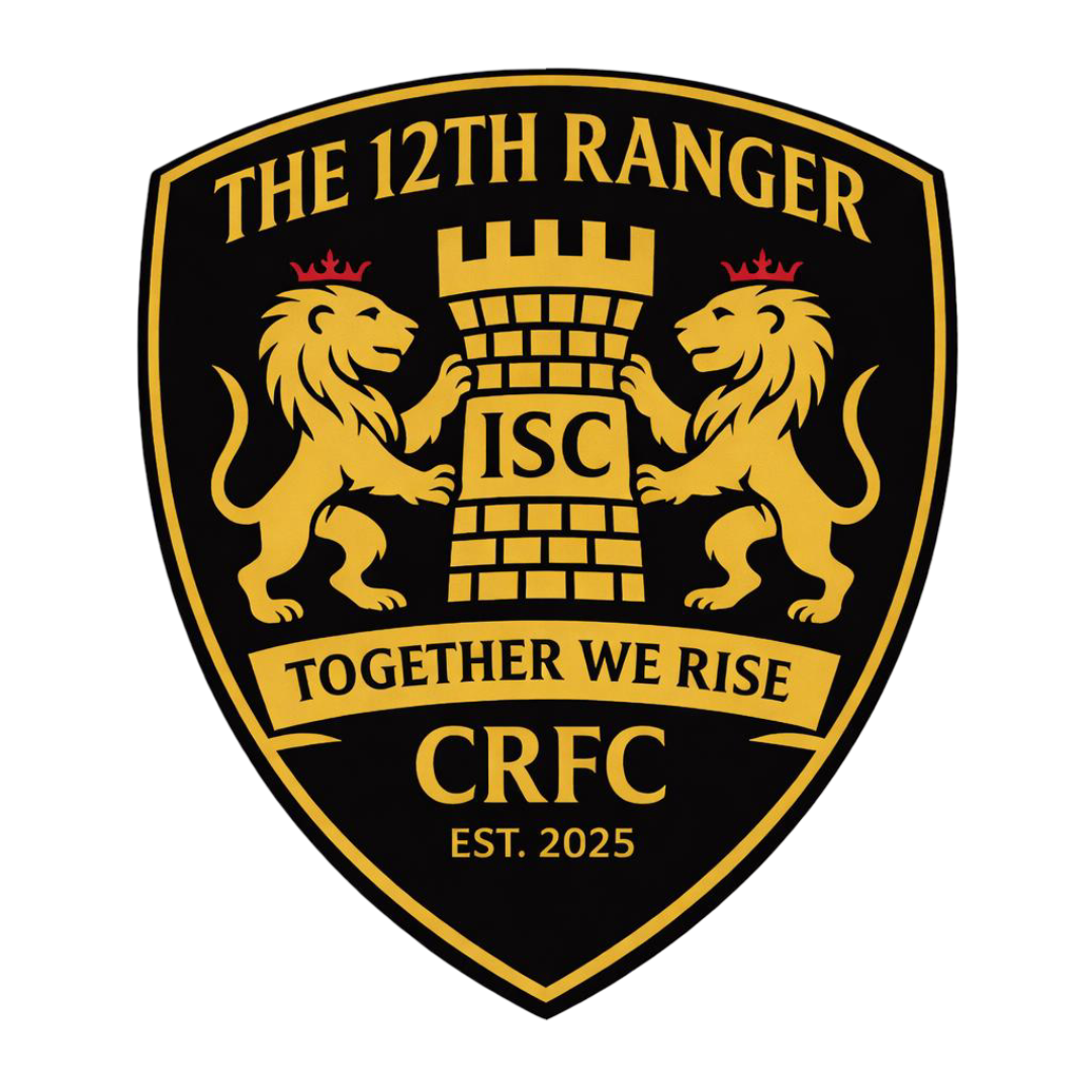 A black shield emblem with gold text and design. It features two lions holding a tower with a crown on top, and the text reads 'The 12th Ranger', 'Together We Rise', 'CRFC', and 'Est. 2025'.