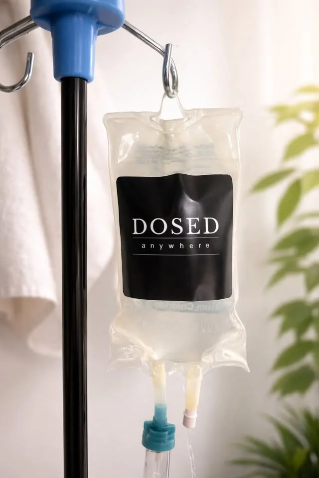 Customised IV infusion bag prepared for a mobile wellness treatment in Hawke's Bay.