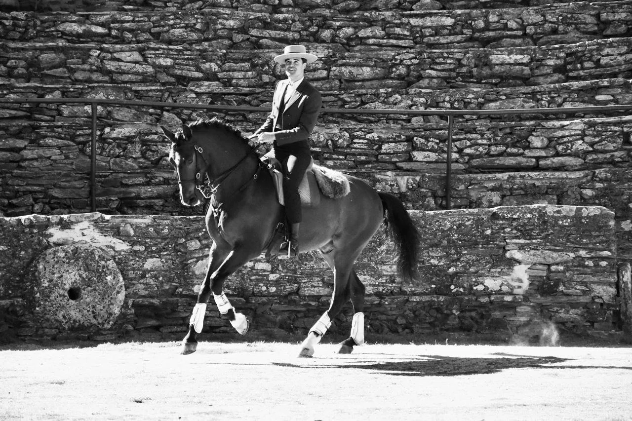 A person dressed in formal riding attire riding a horse in front of a stone wall.
