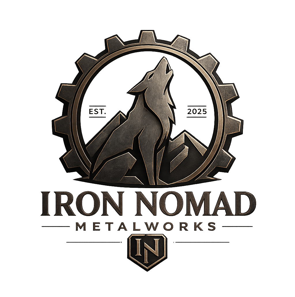 A metallic logo featuring a howling wolf within a gear, mountains, and text reading 'Iron Nomad Metalworks' with 'Established 2025' and a hexagonal emblem with 'IN' at the bottom.