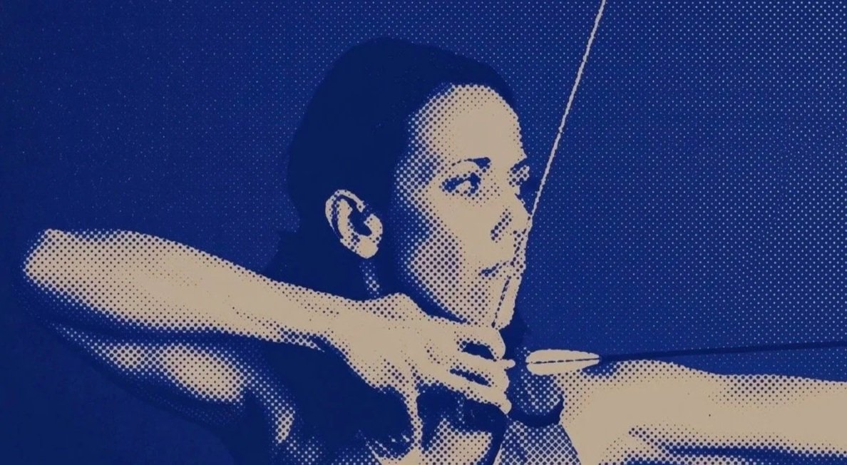 Pop art style illustration of a woman aiming a bow and arrow, with a focused expression.