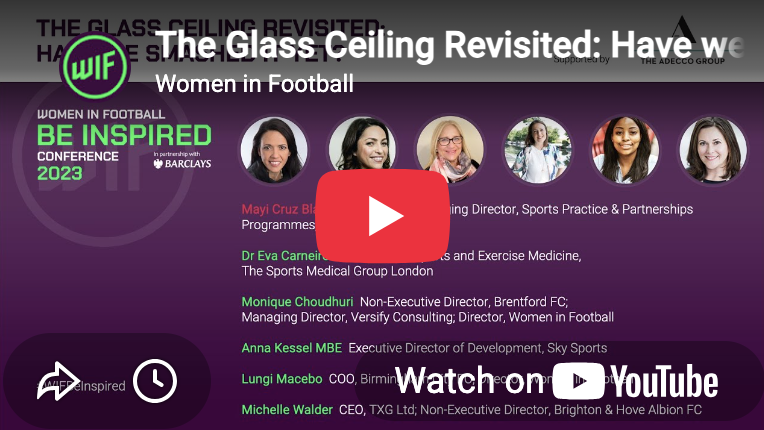 Screenshot of a virtual conference titled 'The Glass Ceiling Revisited: Have Women in Football Inspired?' with speaker names and titles, including Mayi Cruz Blanco, Dr. Eva Carneiro, Monique Choudhuri, Anna Kessel, Lungi Macebo, and Michelle Walder, displayed on a purple background.