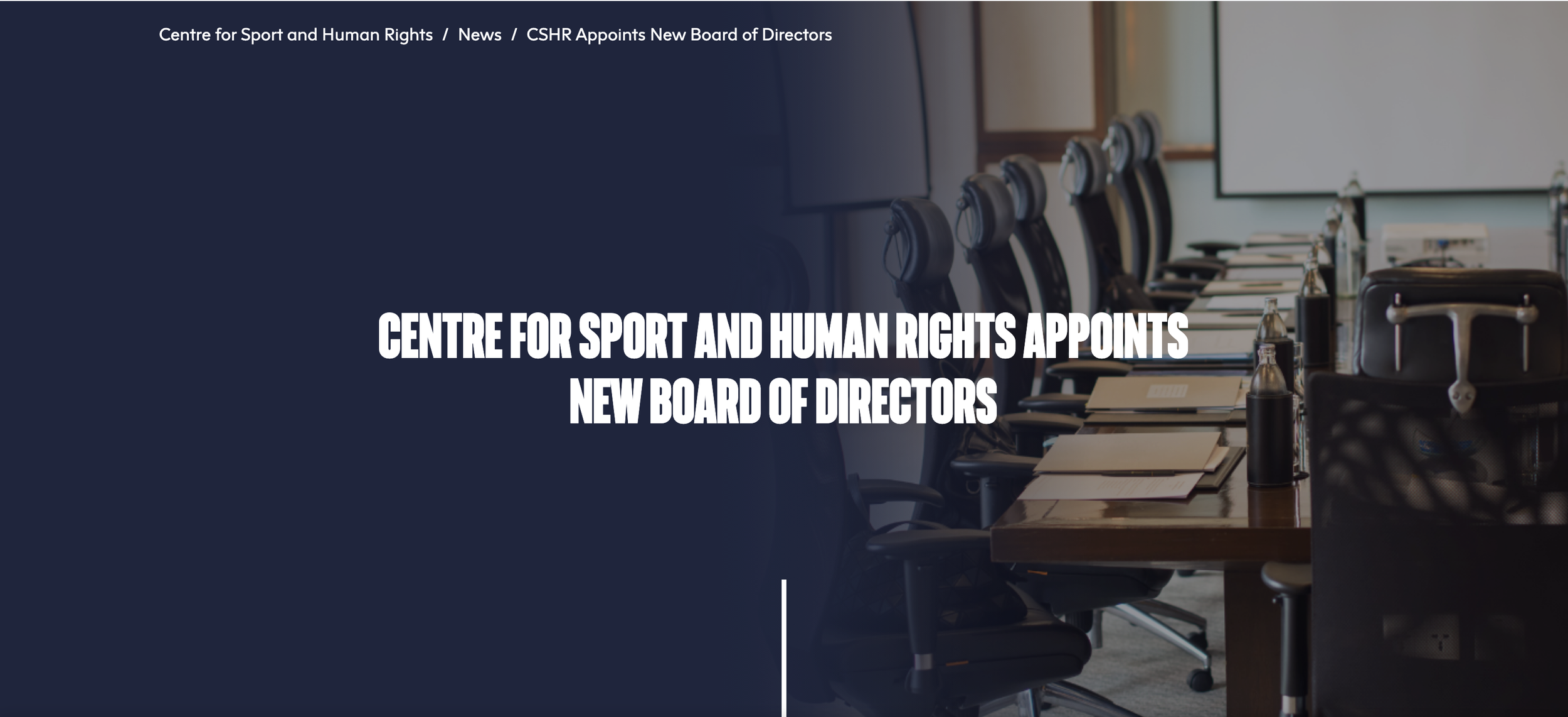 Conference room with chairs, microphones, and documents, and a presentation screen. Overlaid text reads: 'Centre for Sport and Human Rights appoints new board of directors.'
