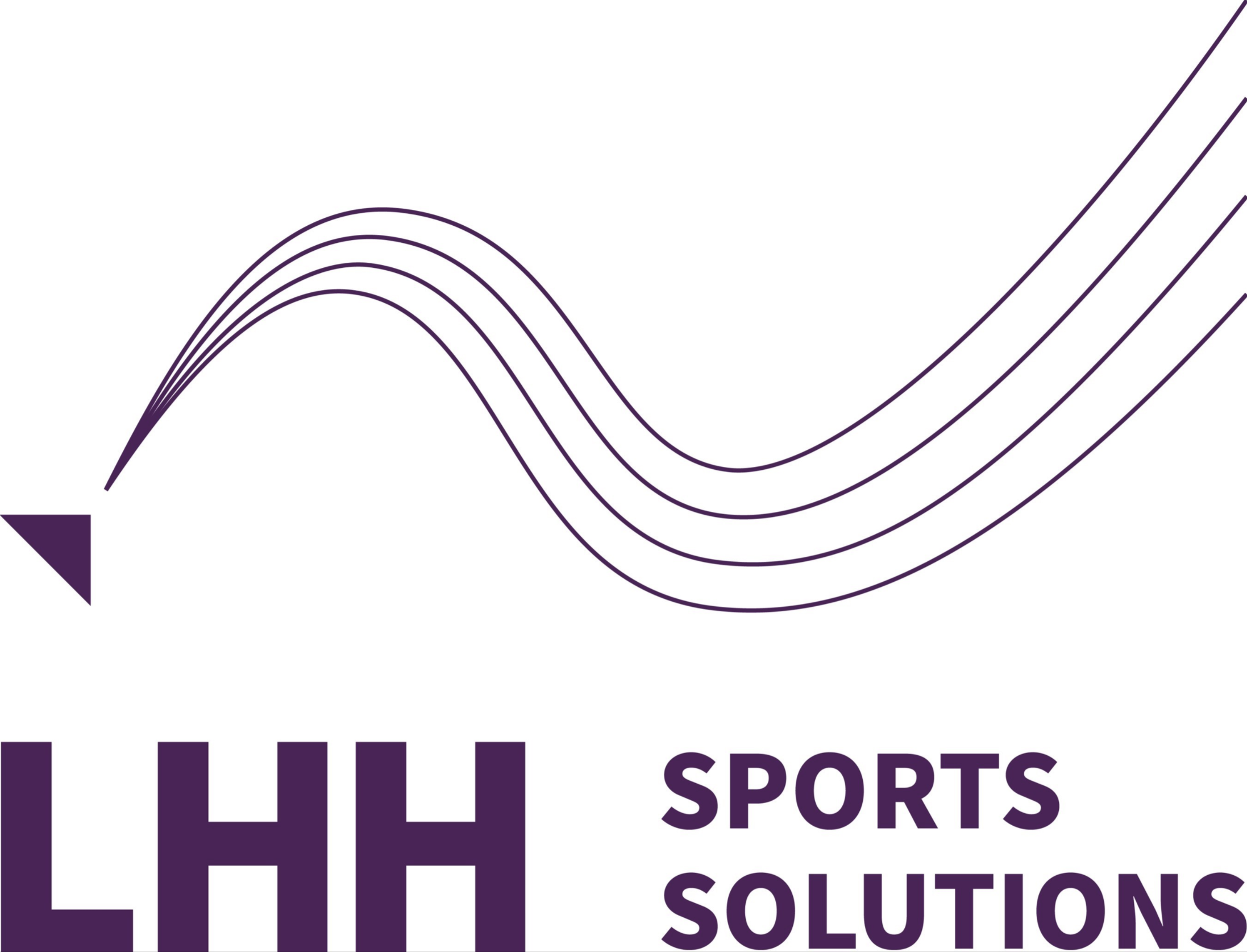 Logo for HLH Sports Solutions with purple and white color scheme, featuring a stylized hurdle graphic and diagonal lines in the background.