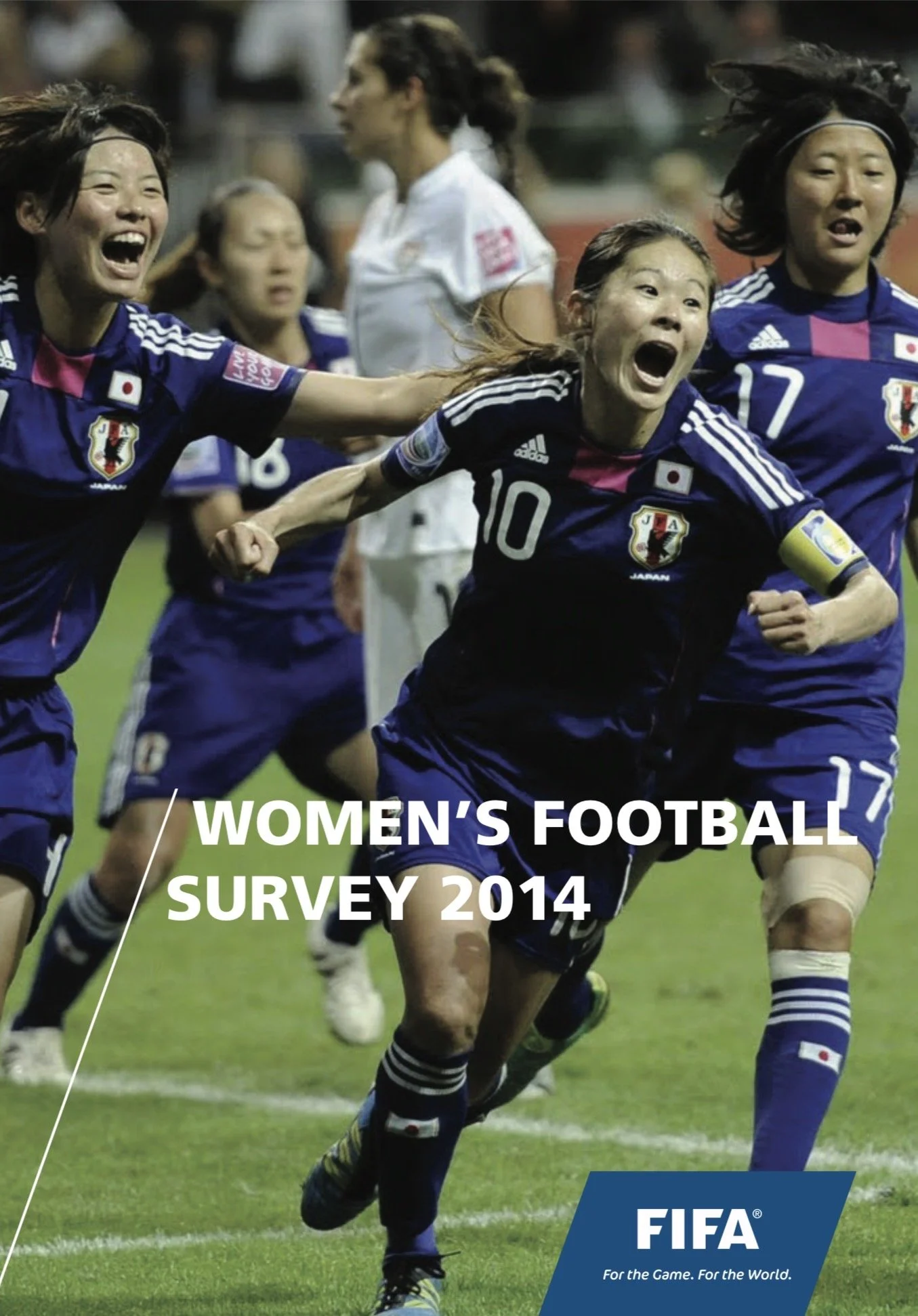 Women’s soccer team celebrating on the field during a match, wearing blue uniforms with Japanese flags, with text overlay for a 2014 survey and FIFA branding.