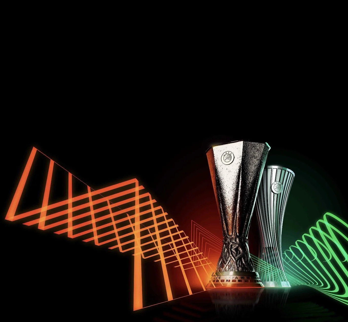 UEFA Champions League trophy with neon orange and green geometric lines in the background.