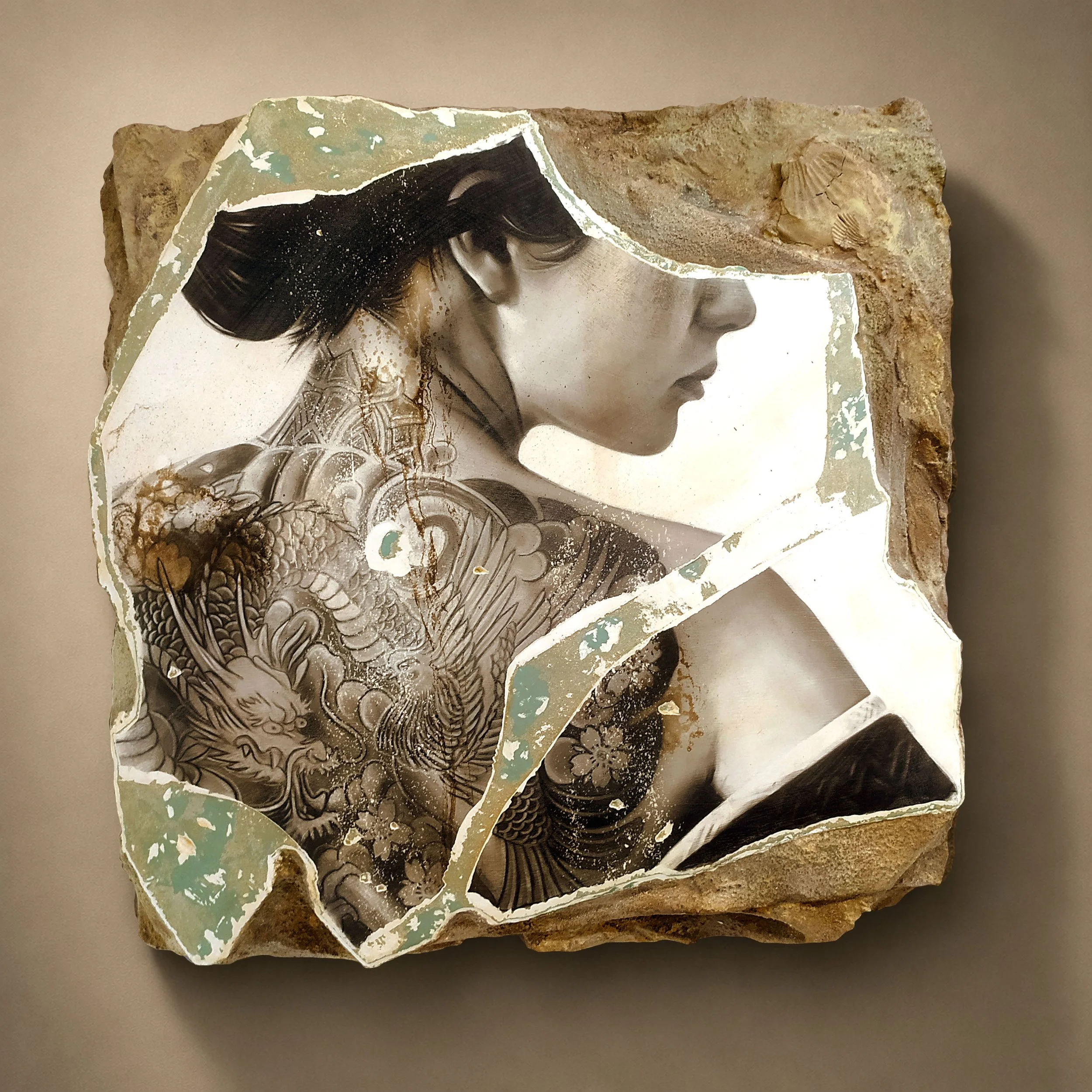 Toni Alfano, Being and Time (ukiyo), 2026 - Charcoal/Descialbo/mixed media, 58x58 cm