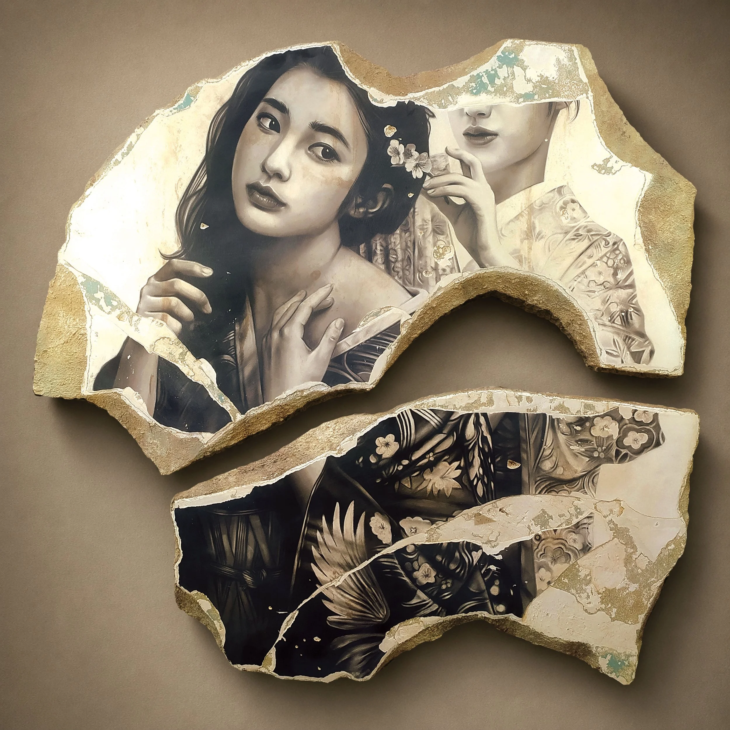 Toni Alfano, Being and Time (ukiyo), 2026 - Charcoal/Descialbo/mixed media, 125x120 cm