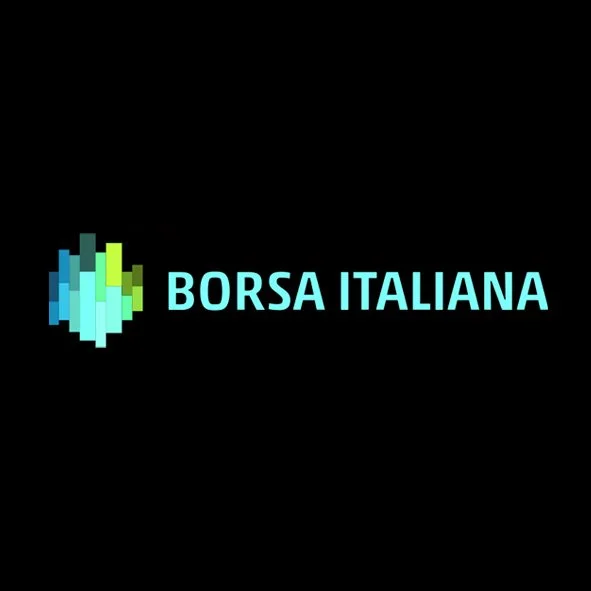 Logo of Borsa Italiana with a pixelated blue and green icon and turquoise text on a black background.