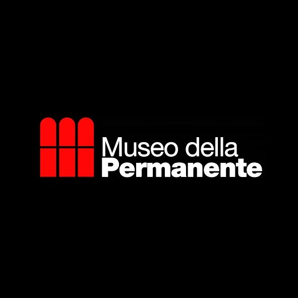 Logo of Museo della Permanente with a red stylized building icon and black background.