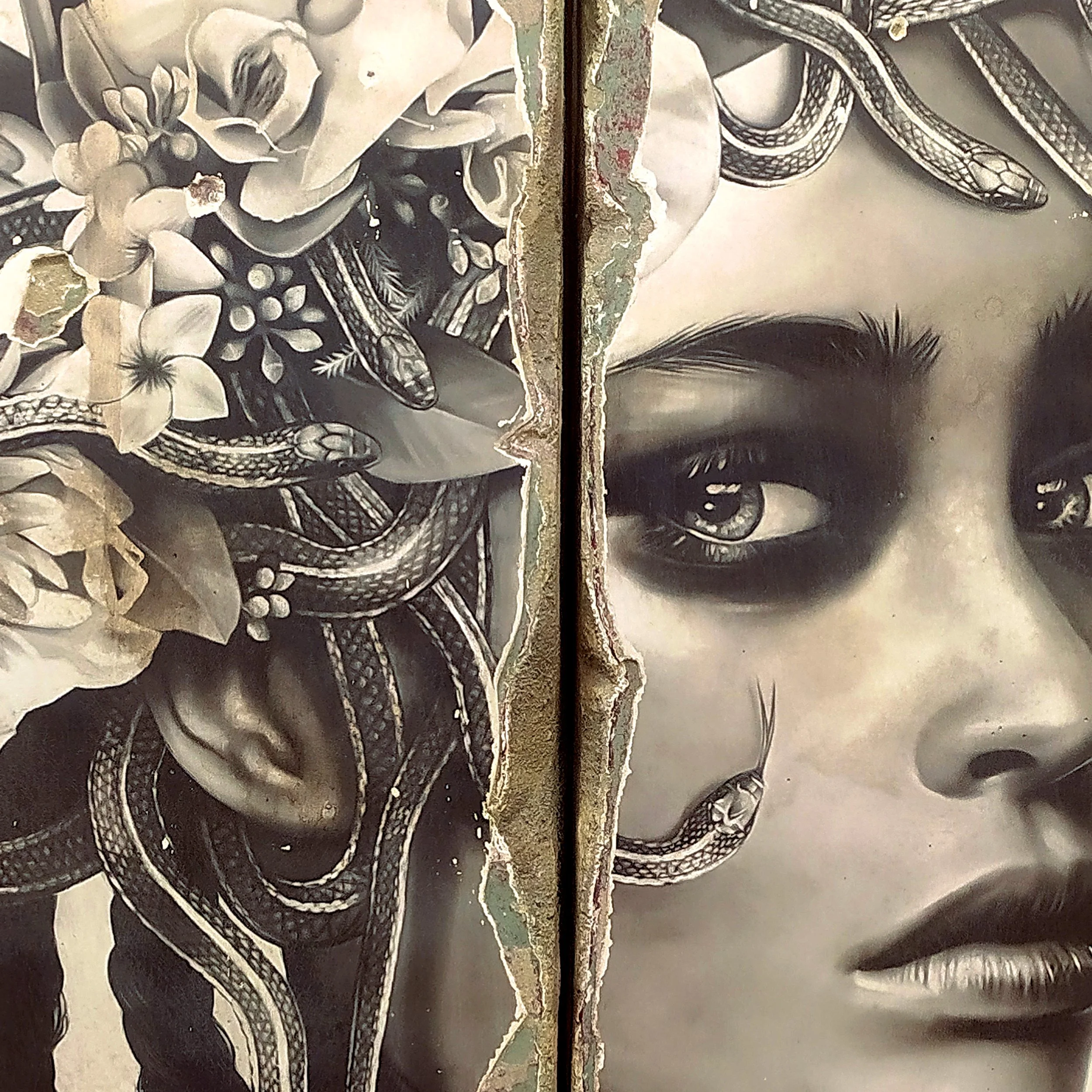 Toni Alfano, Portrait of Medusa, 2024 - Charcoal/Descialbo/mixed media, detail
