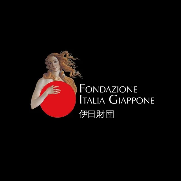 Artwork featuring a woman with flowing hair holding a red circle, accompanied by text in Italian, Japanese, and English reading 'Fondazione Italia Giappone'.