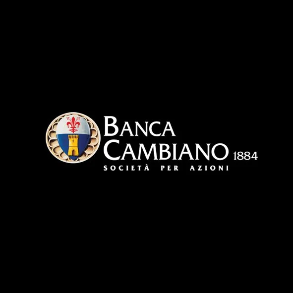 Logo of Banca Cambiano, an Italian bank established in 1884, featuring a shield with a red fleur-de-lis, a blue and white background, a yellow tower, and the bank's name and founding year.