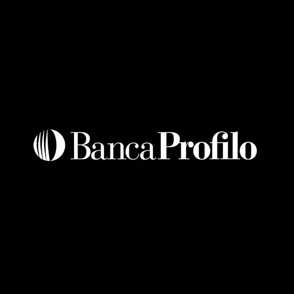 Black background with a white logo and text reading 'Banca Profilo'. The logo features a stylized circle with vertical lines.