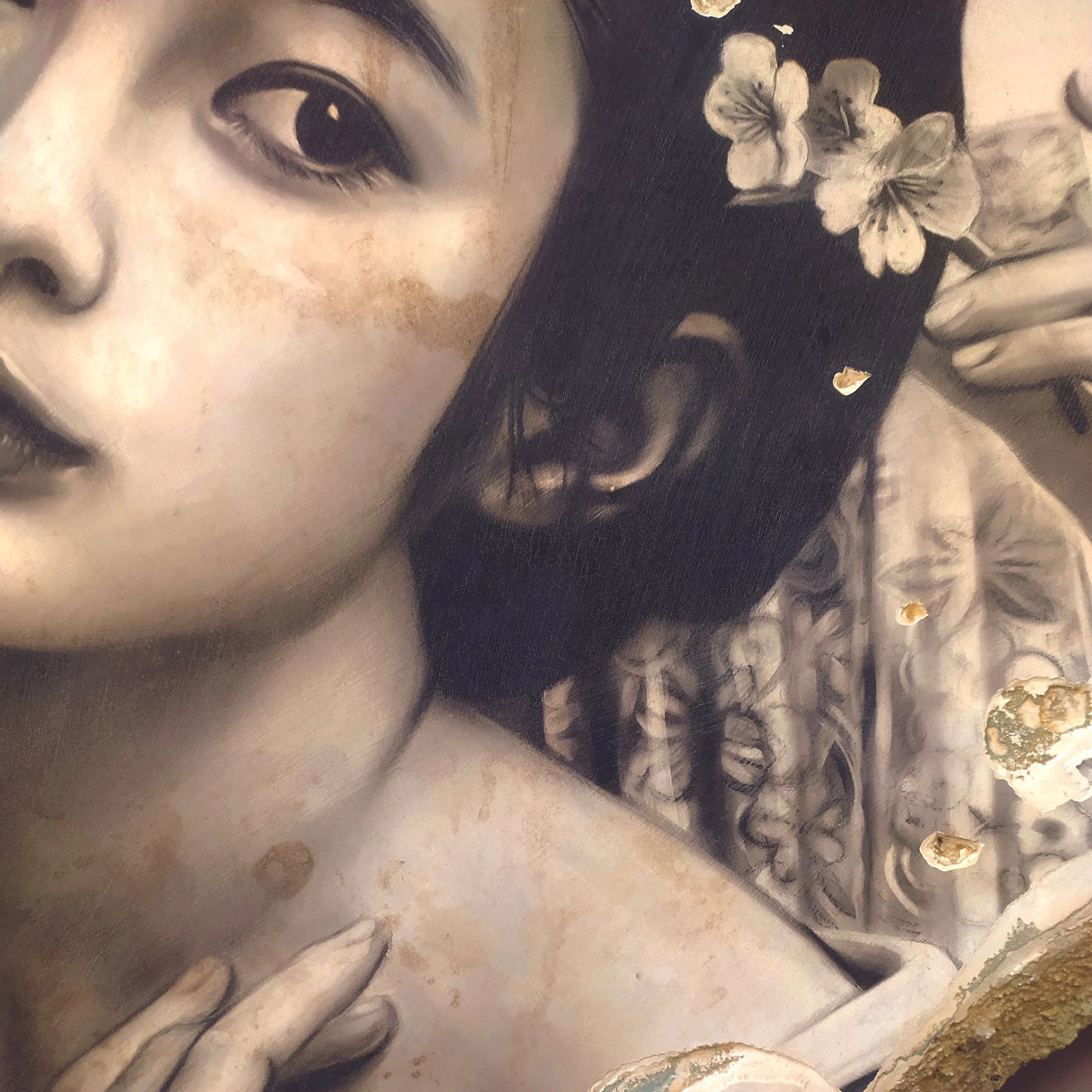 Toni Alfano, Being and Time (ukiyo), 2026 - Charcoal/Descialbo/mixed media, detail