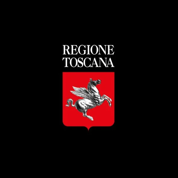 Logo for the Tuscany Region, featuring a silver winged horse on a red shield with black background and white text.