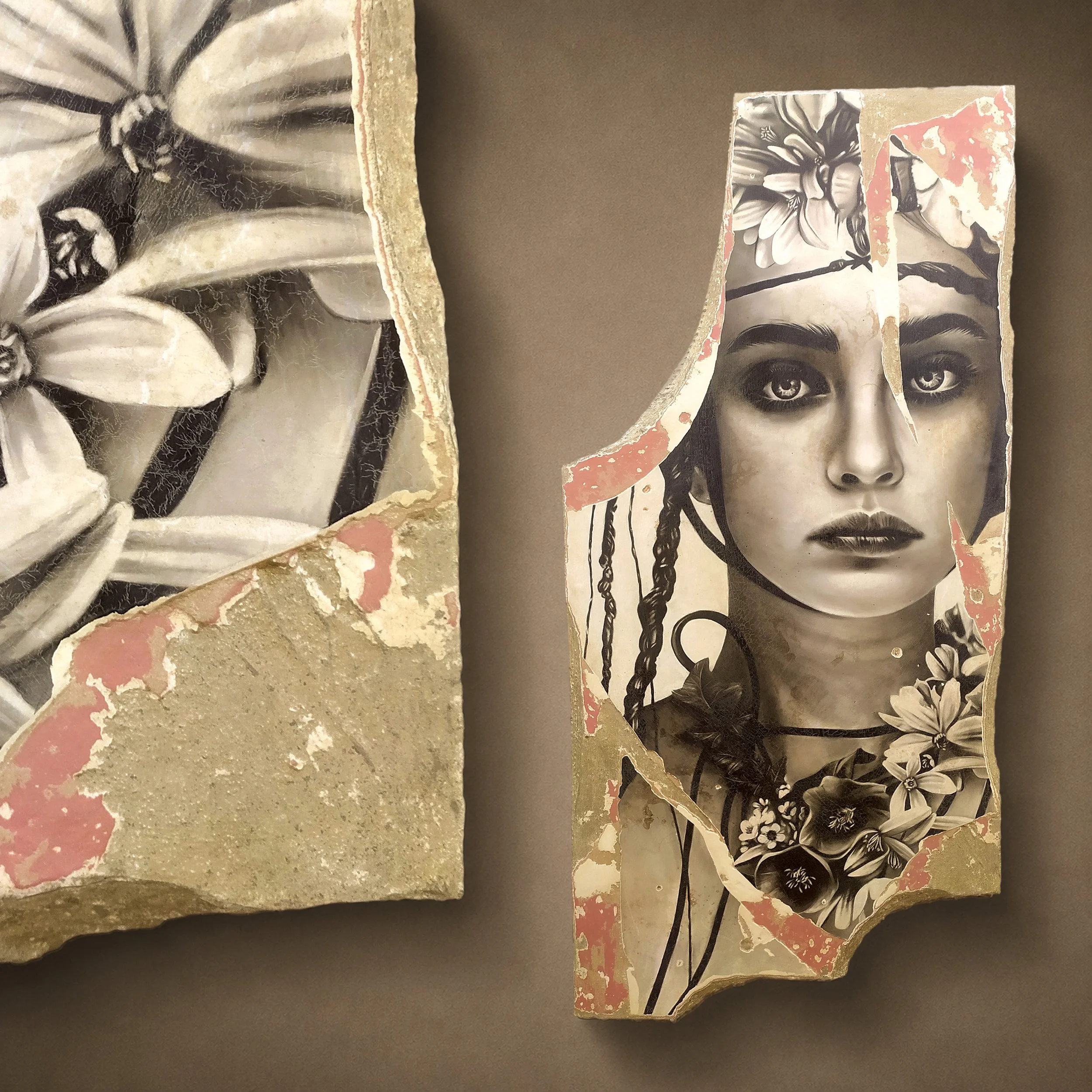 Toni Alfano, Portrait of Persephone, 2024 - Charcoal/Descialbo/mixed media, 140x68 cm and detail