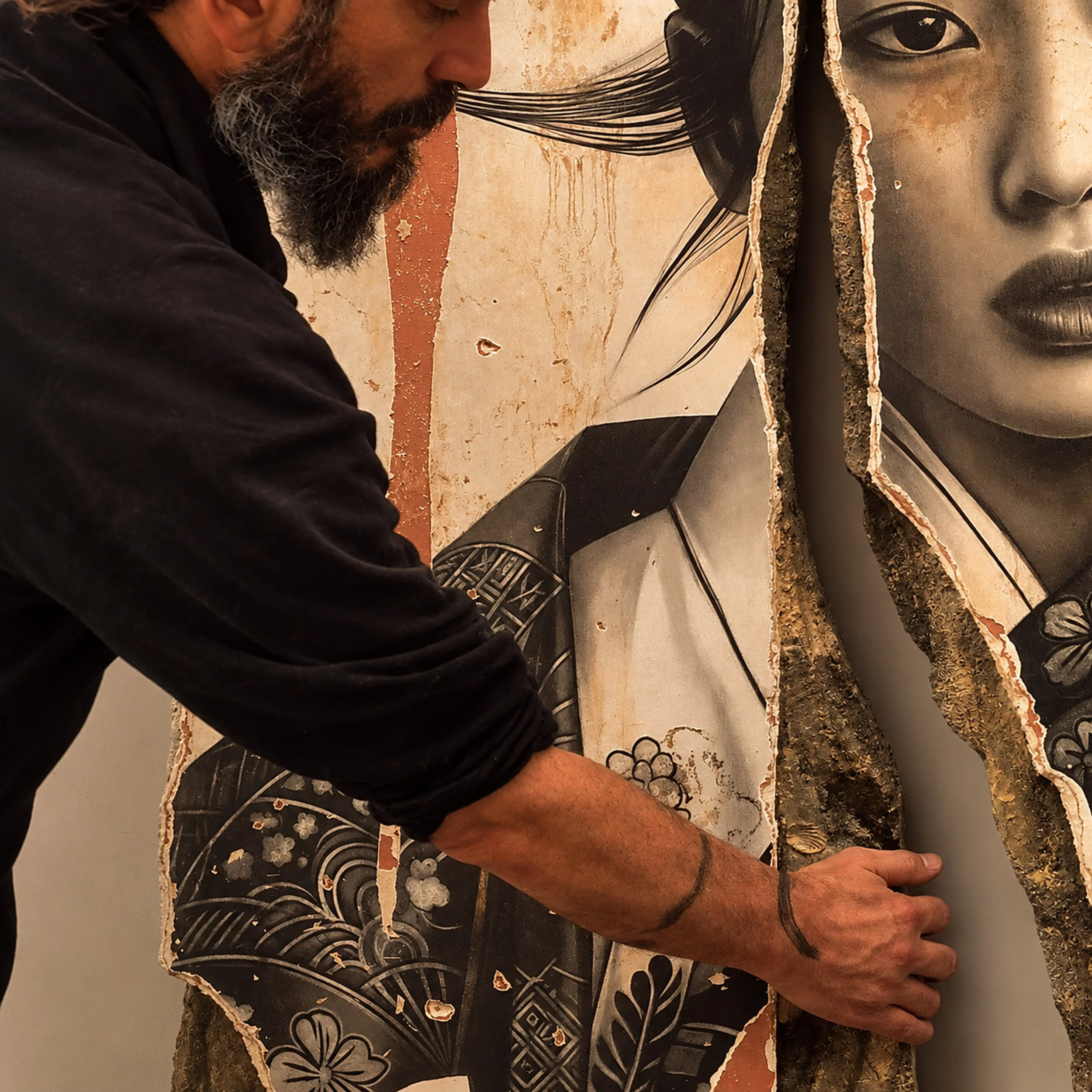 Toni Alfano, Being and Time (23), 2025 - Charcoal/Descialbo/mixed media, detail - (private collection - Gent, BE)