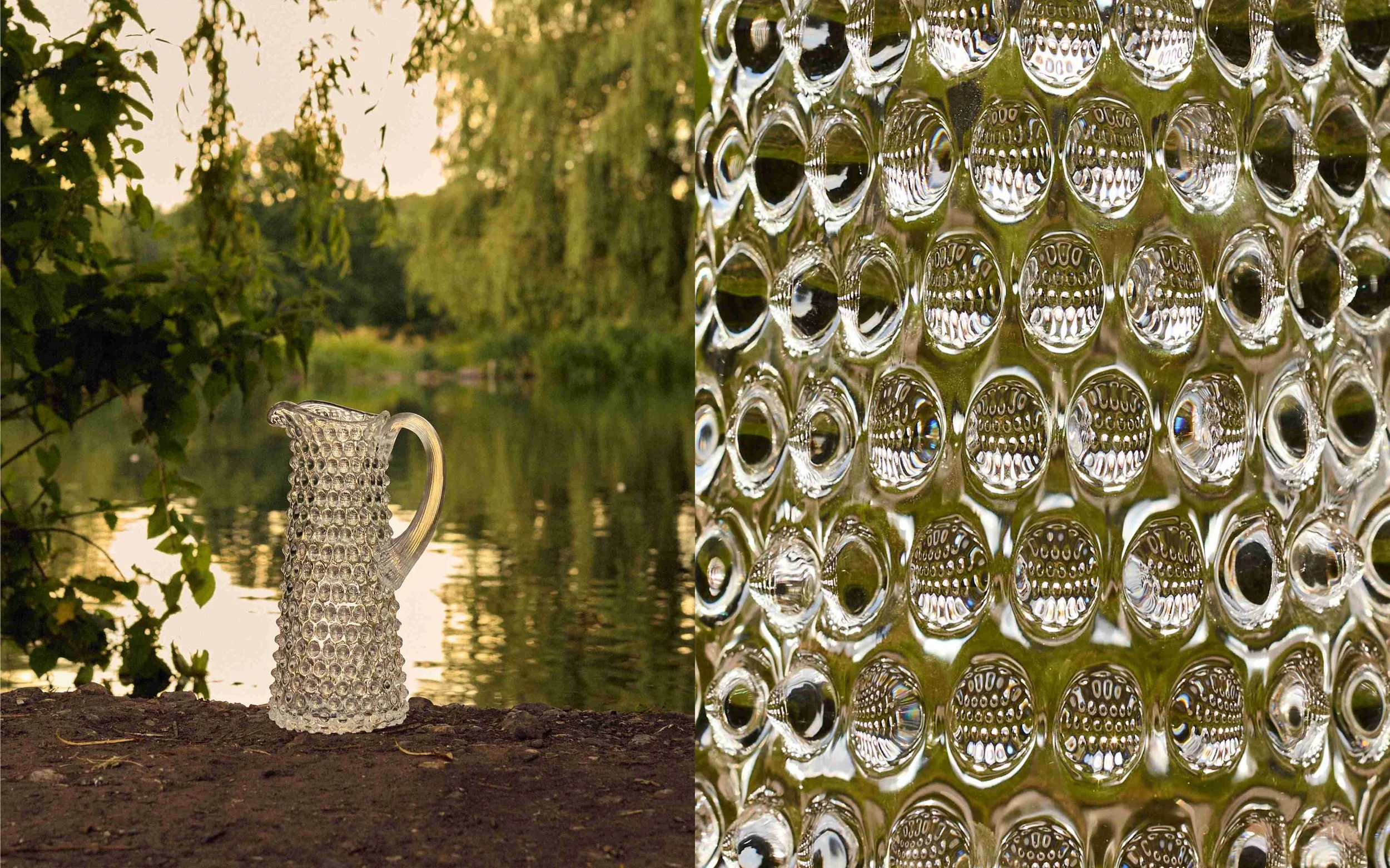 Close-up of a glass pitcher with a textured pattern, placed by a body of water during sunset with trees in the background.