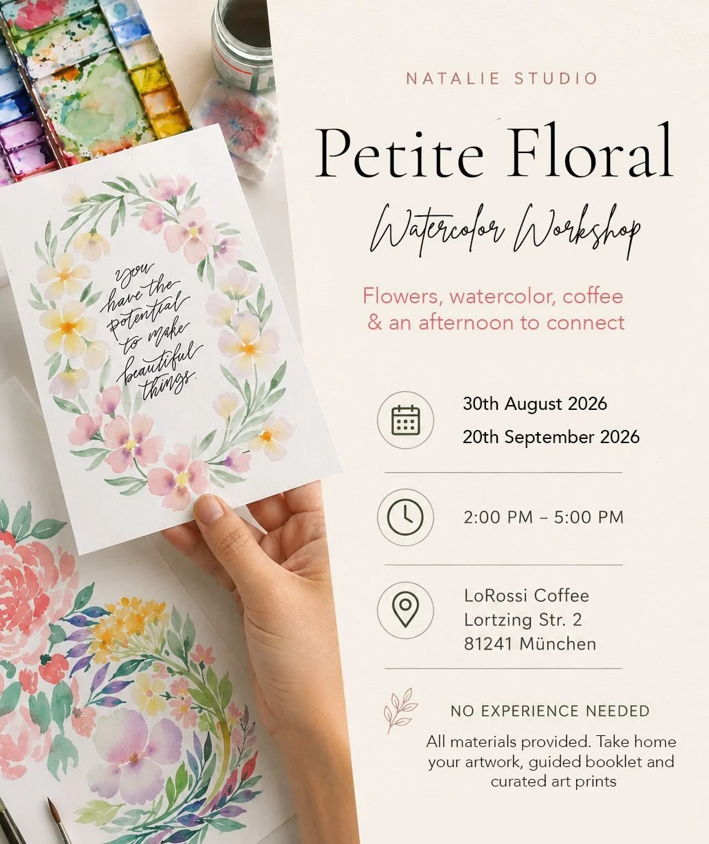 Hey guys! 🌸

I&rsquo;ve finally opened up two dates for my Petite floral watercolor workshops in Munich!

Come join me for a cosy afternoon of painting little florals, learning some watercolor techniques and enjoying a nice cup of coffee at LoRossi 