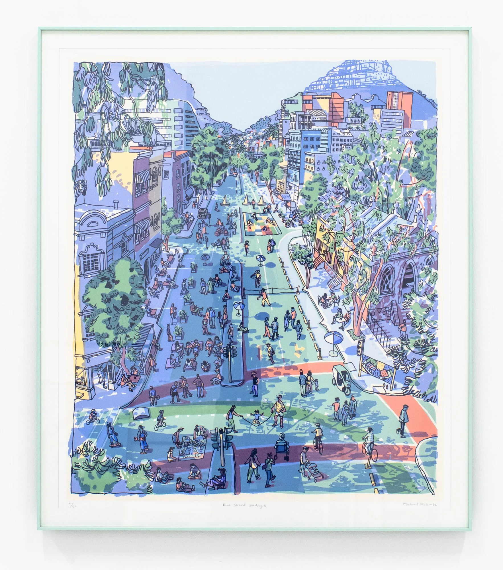 A colorful illustration of a busy city park with people walking, sitting, and cycling, surrounded by trees, buildings, and a mountain in the background.