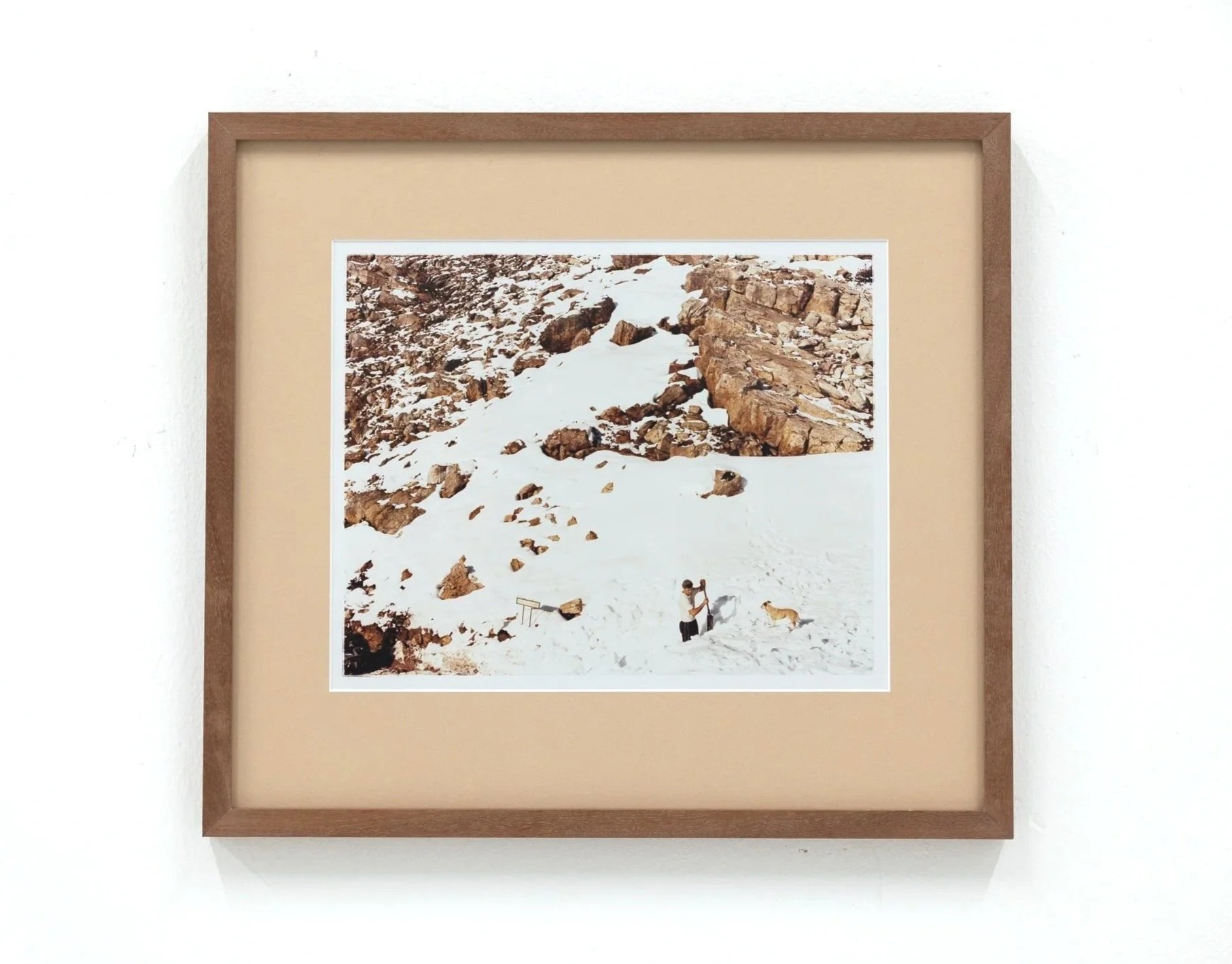 Framed photograph of a snowy mountain landscape with rocks and a person with a dog in the snow.