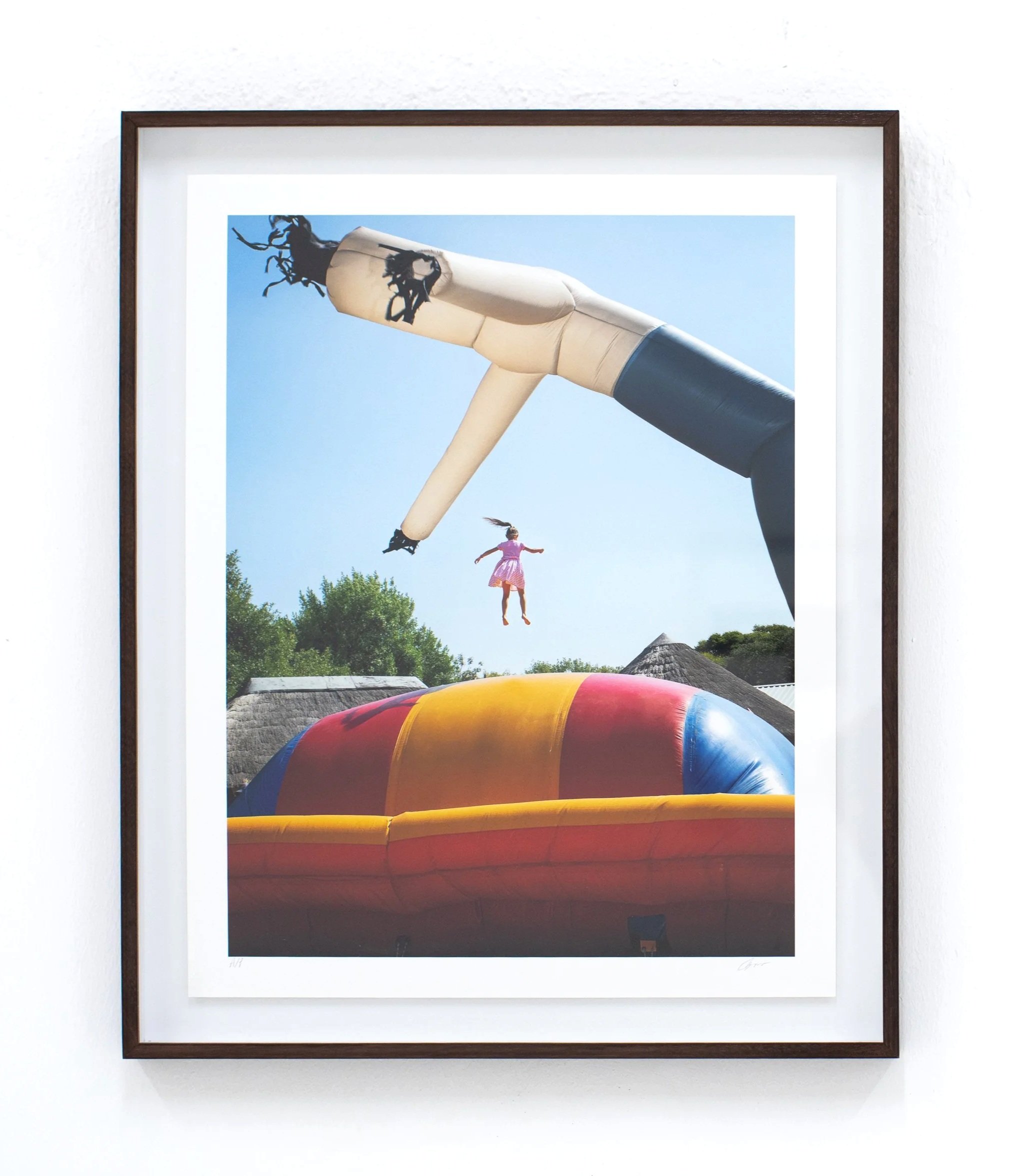Framed photograph of a large inflatable water slide with a person jumping into it, set outdoors near trees and a building, under a blue sky.