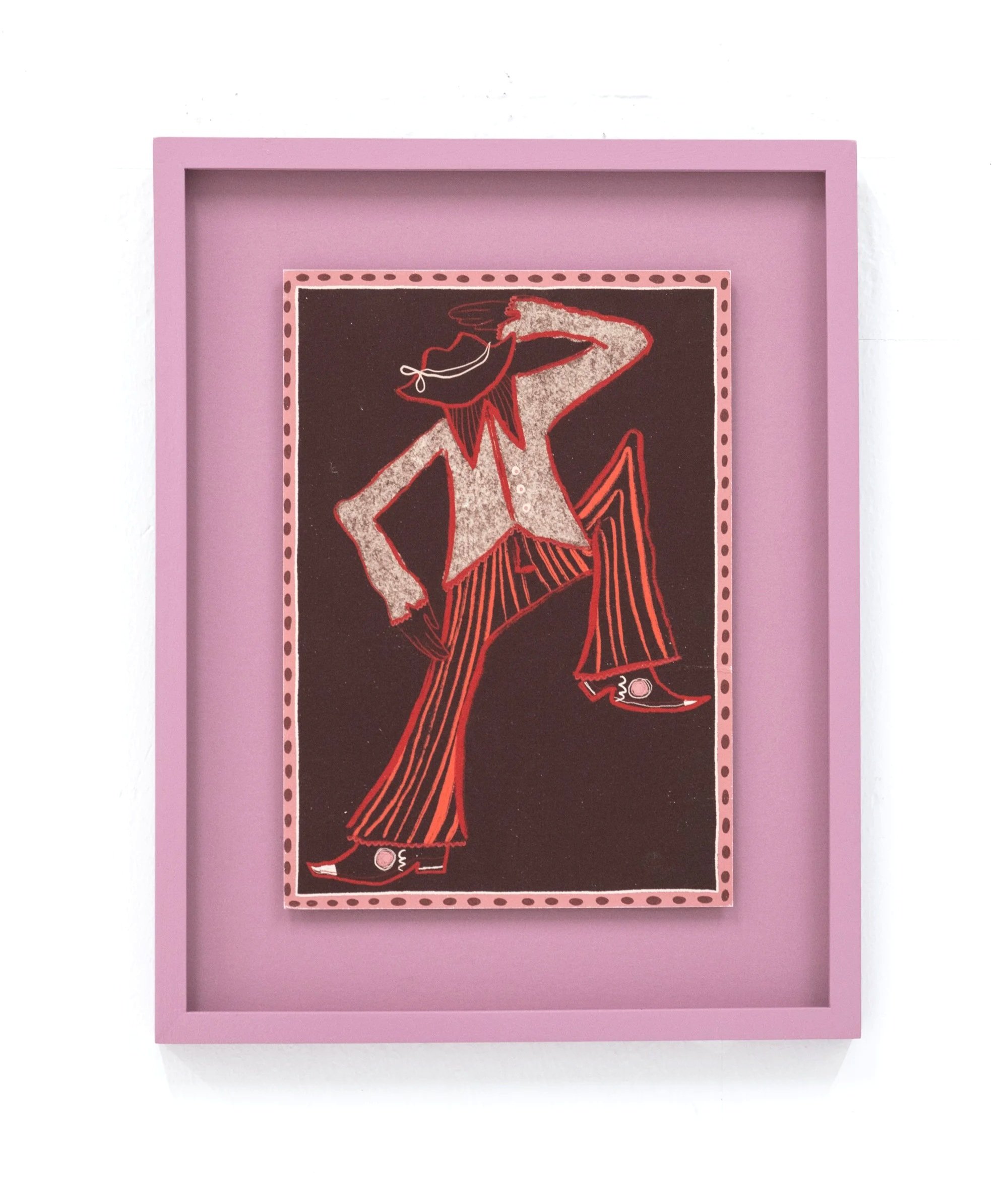 Art print of a stylized person with one arm raised and wearing a wide-brimmed hat, standing against a black background with pink border, framed in pink.