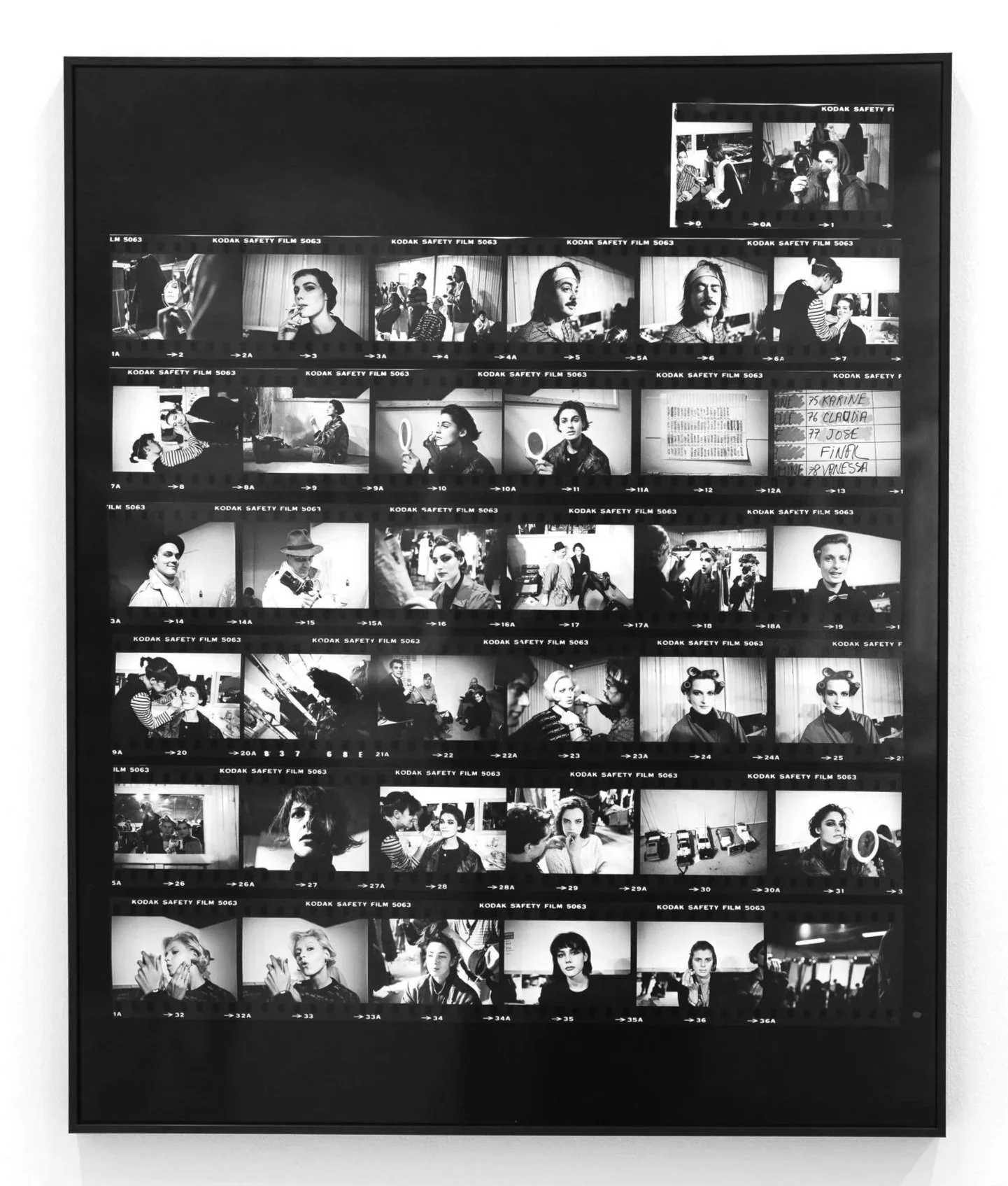 A black and white contact sheet of photographs from a fashion or modeling photoshoot, featuring women in various poses and settings, titled 'Backstage Scenes I' by Josie Borain, dated 1984.