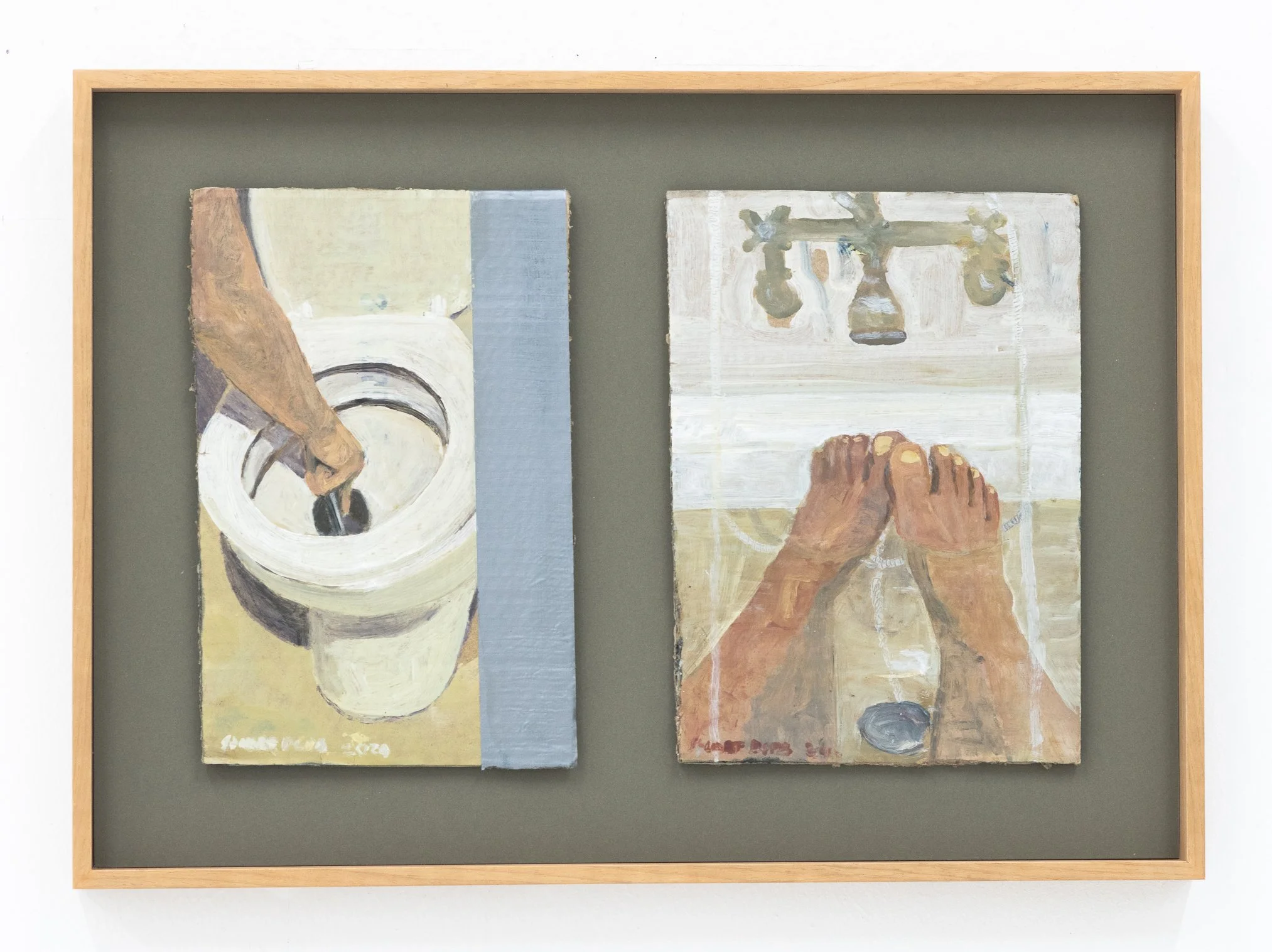 Two abstract paintings with earthy and muted tones framed in wood, displayed against a white wall.