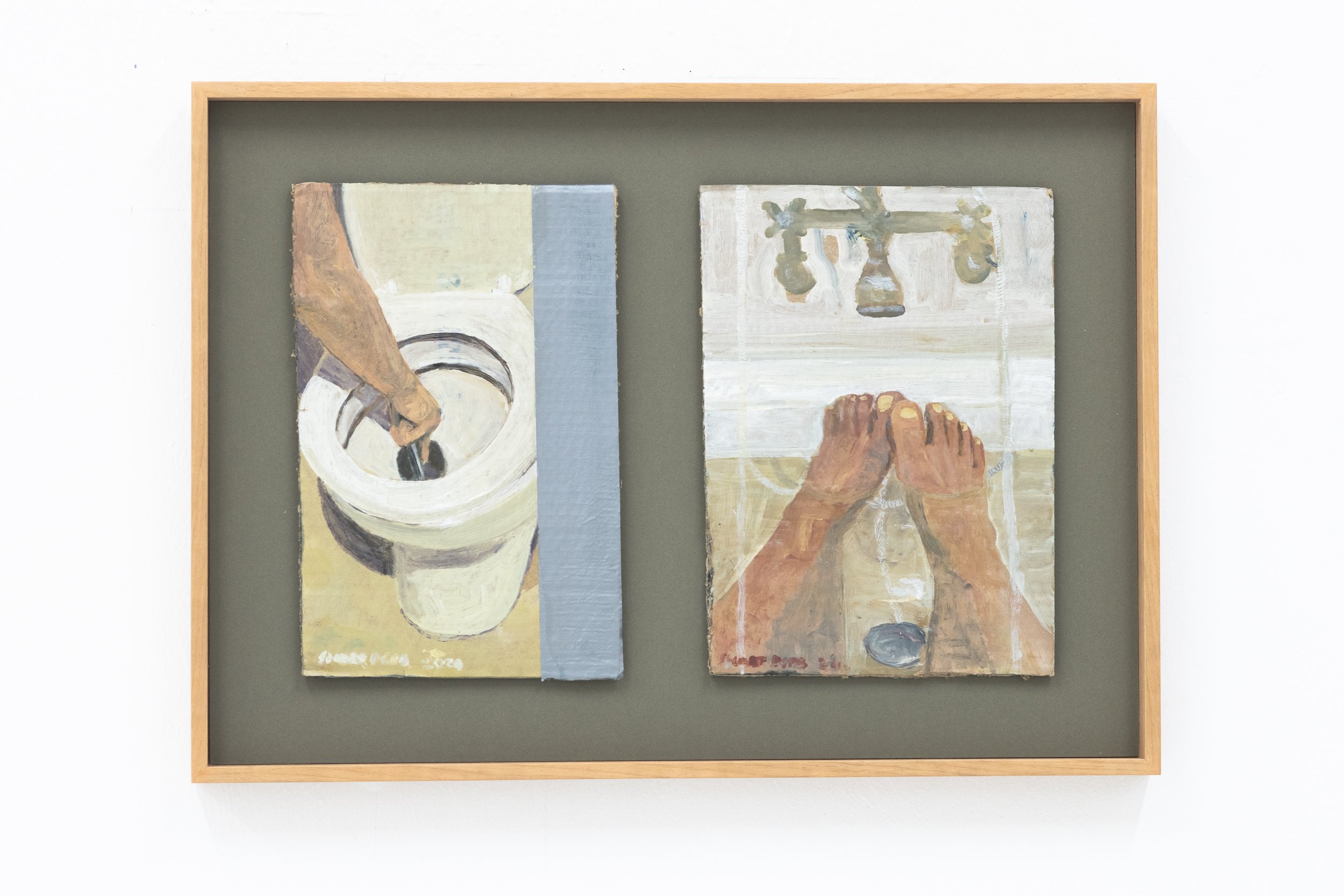Two abstract paintings on a wall, displaying minimalist human figures with a focus on hands and feet, characterized by muted earth tones and brushstrokes.