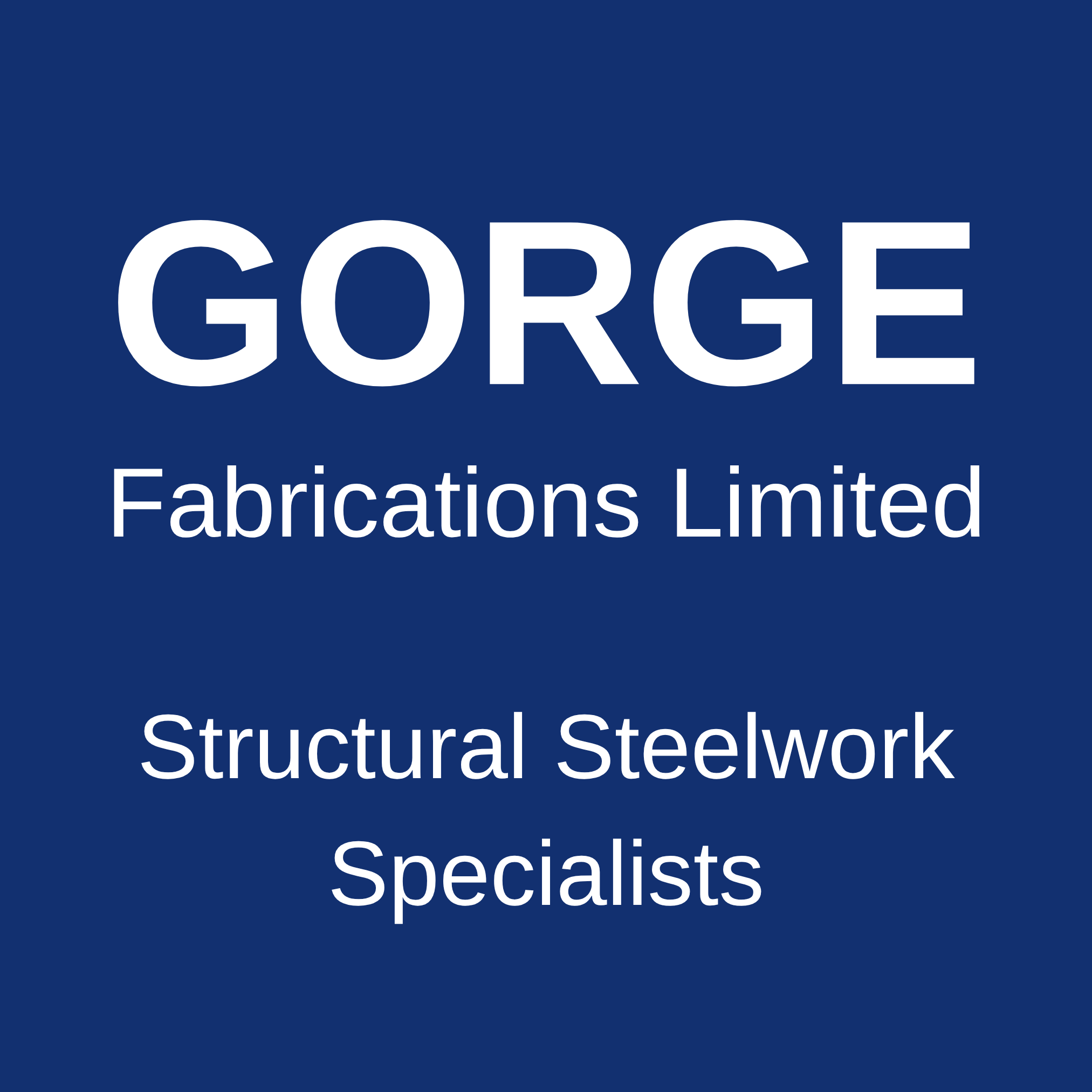 Blue sign with white text reading "GORGE Fabrications Limited Structural Steelwork Specialists"